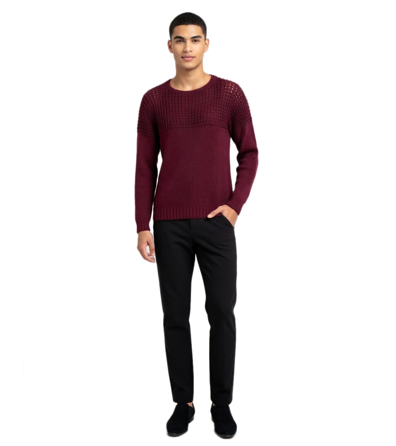O46RN (MB2) Suéter de punto fino para hombre, moderno y cómodo, con zona del pecho texturizada y un estilo elegante Rojo Vino