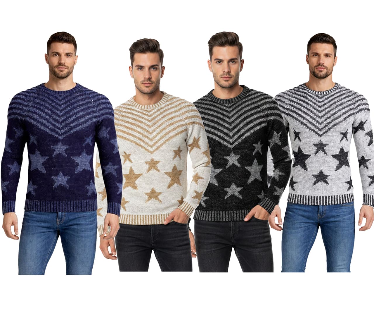 O46RN (MB2) Suéter de cuello redondo para hombre con diseño de la bandera estadounidense. Suéter de punto disponible en azul, beige, negro o gris.