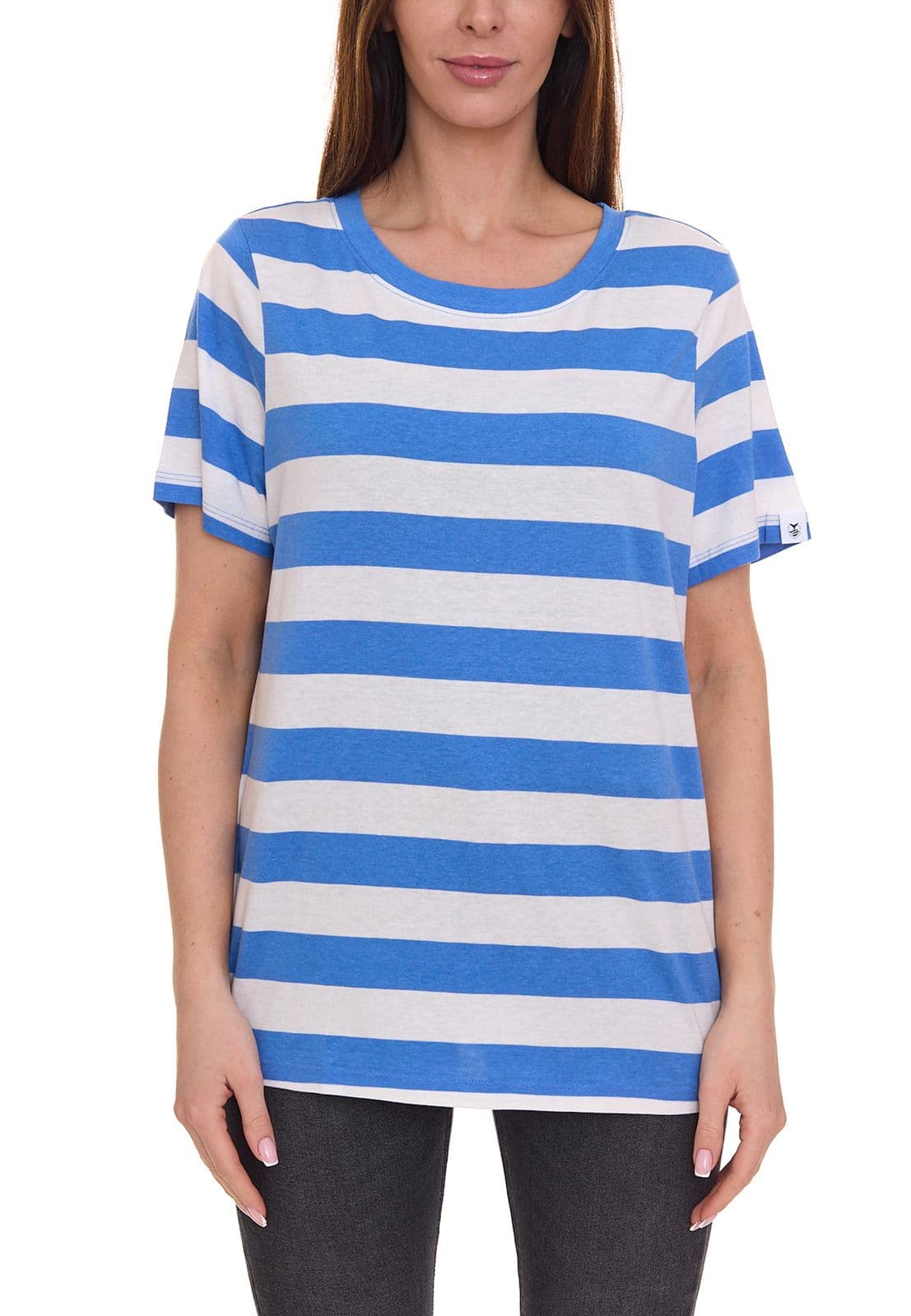 Delmao Camiseta de mujer a rayas con cuello redondo azul/blanco