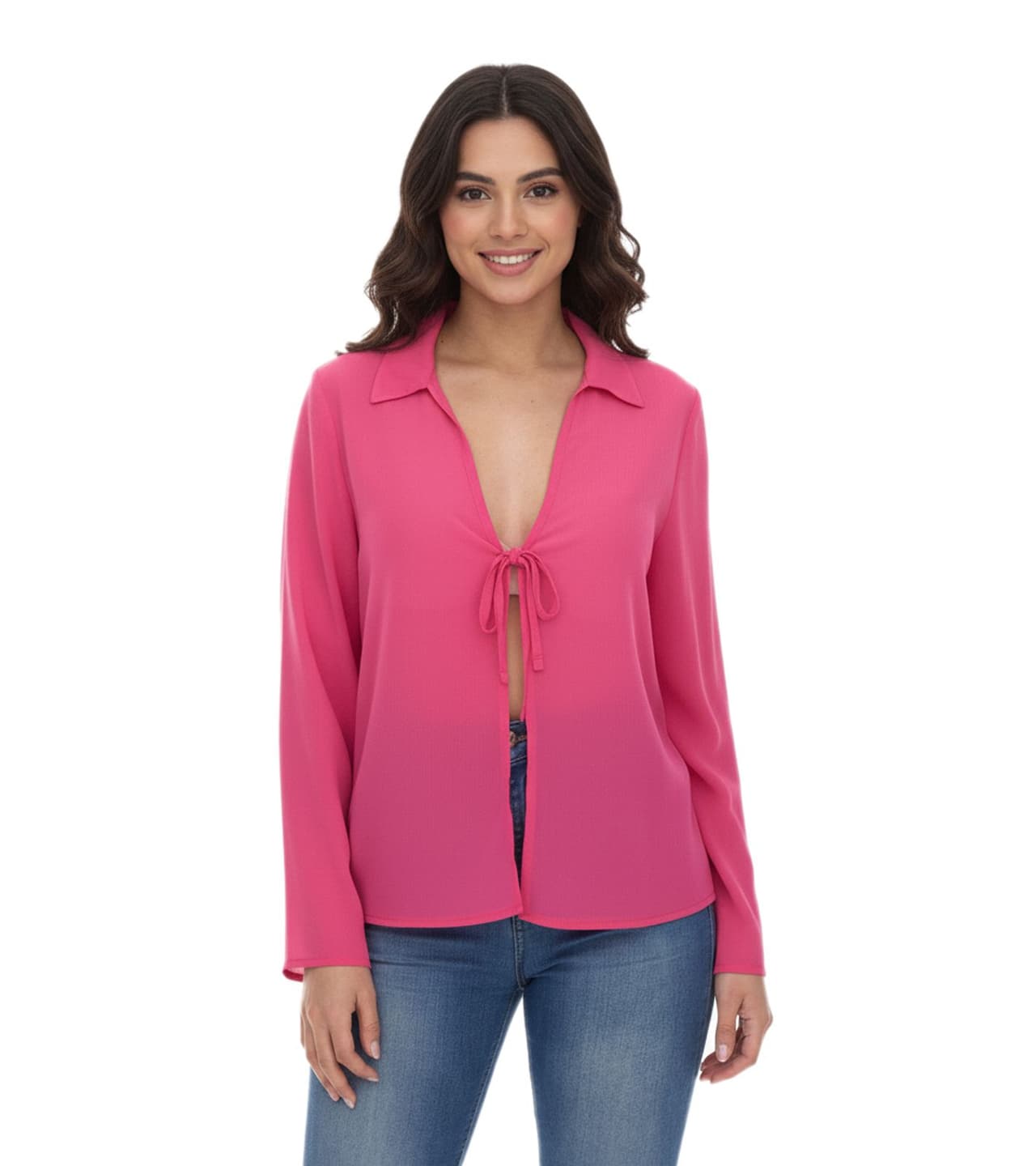 Aniston Blusa de mujer SELECTED de manga larga con lazo y aspecto arrugado rosa