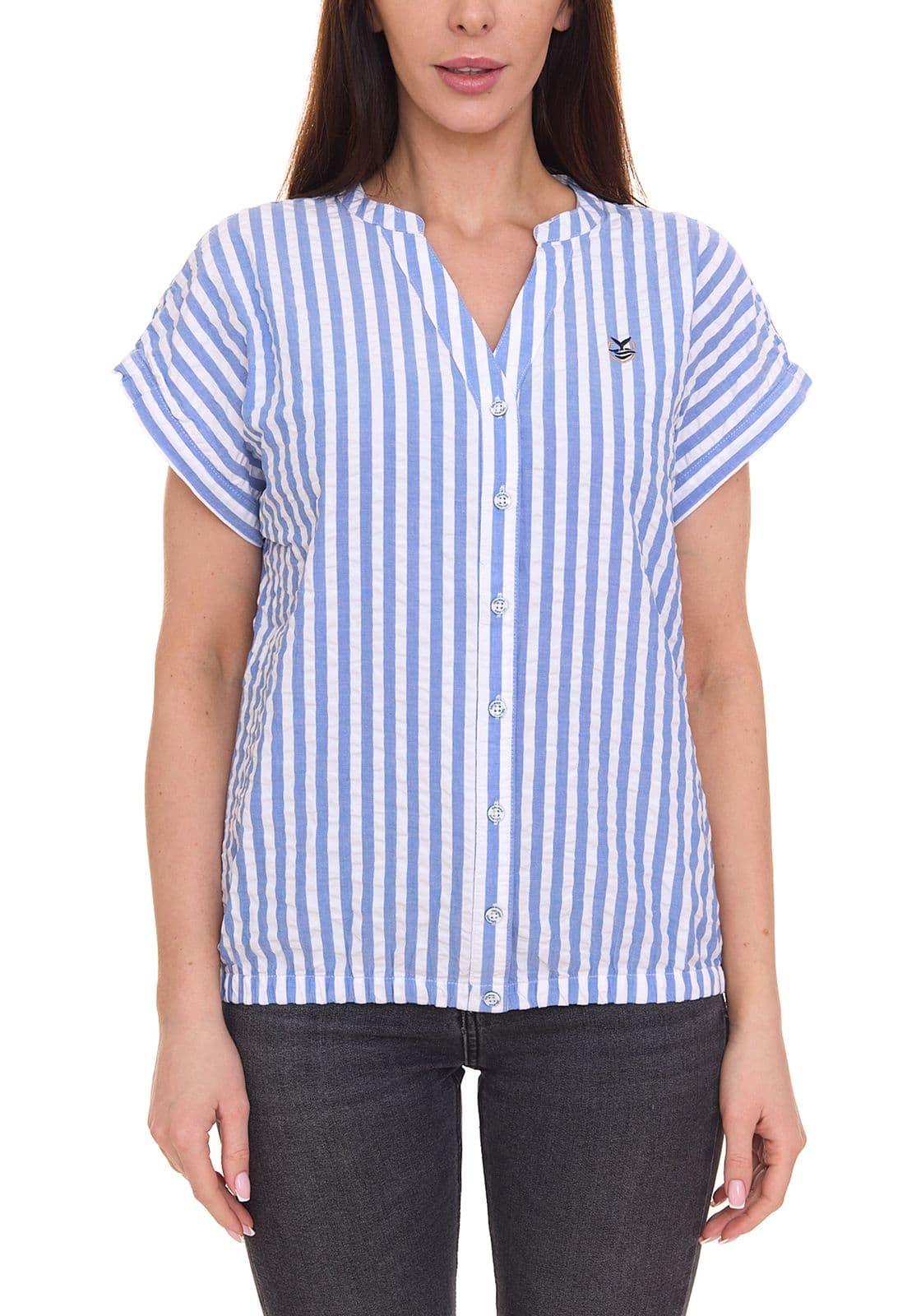 Delmao Blusa de verano para mujer, blusa de manga corta a rayas, camisa de verano azul/blanco