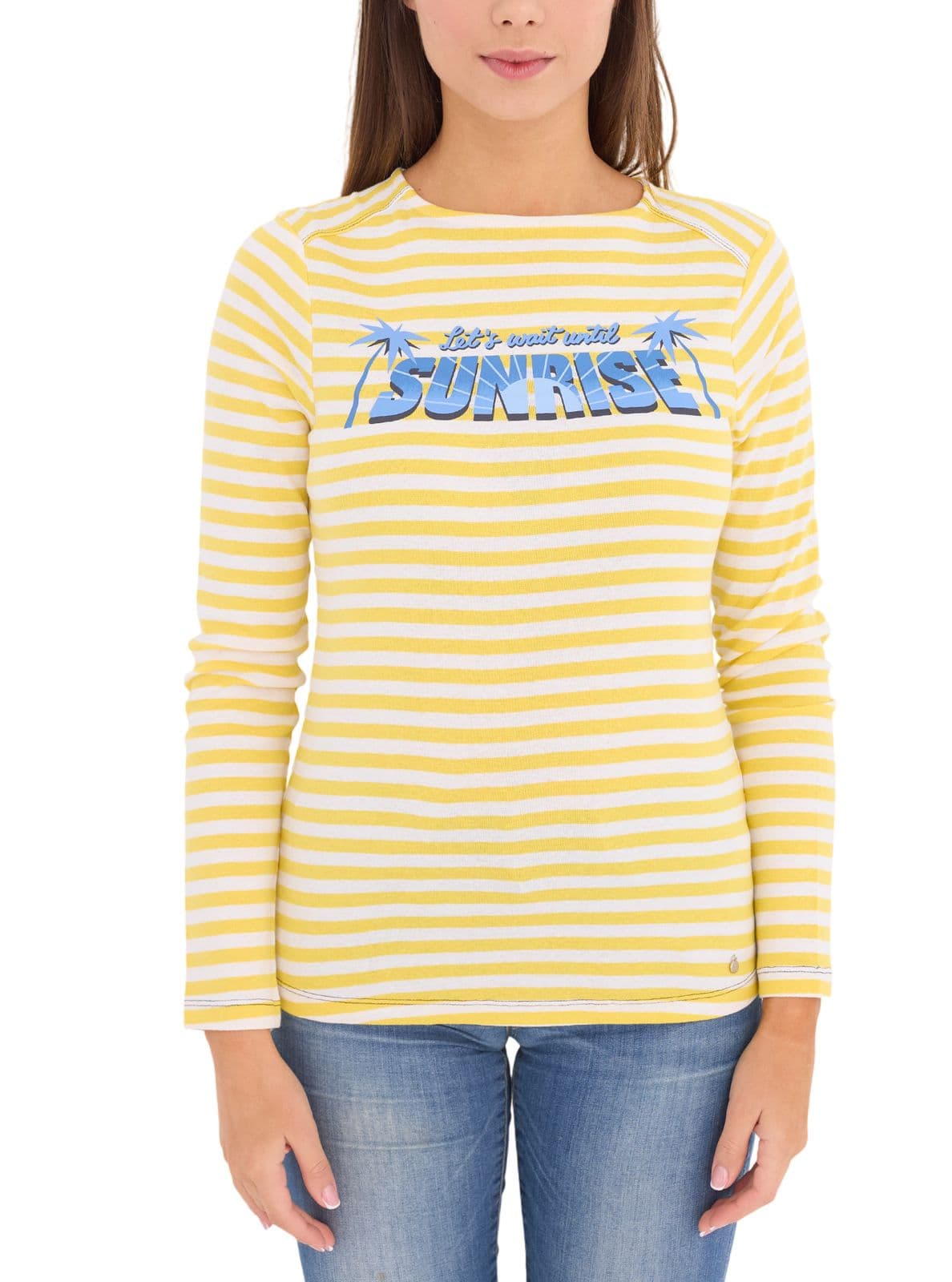 AjC Camisa de mujer camisa de algodón de manga larga a rayas con estampado frontal amarillo/blanco/azul