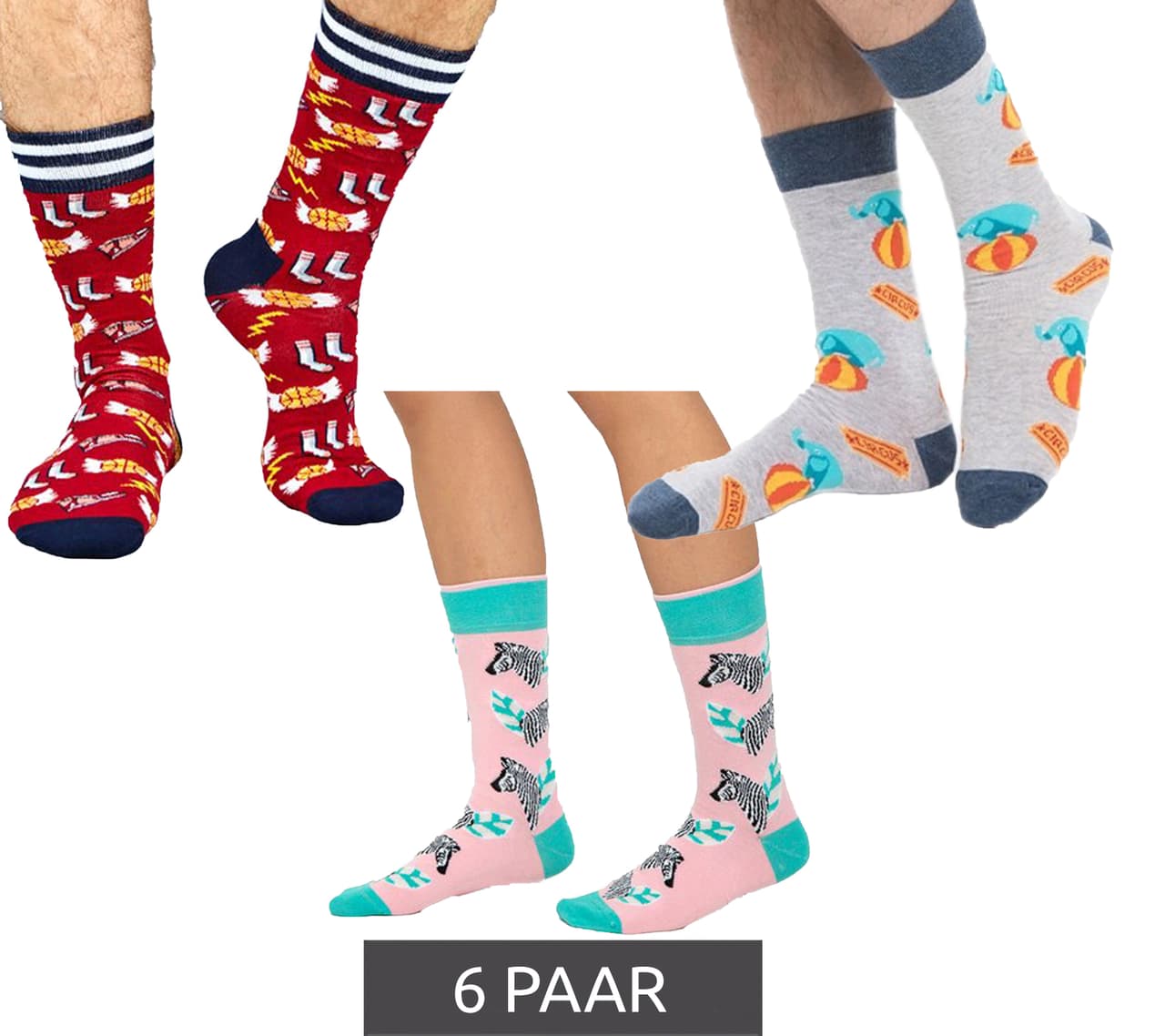 Moustard 6 pares de calcetines de algodón para hombre con estampado integral: calcetines largos estampados con elefantes, cebras o balones de baloncesto. Colores: rojo, rosa o gris.
