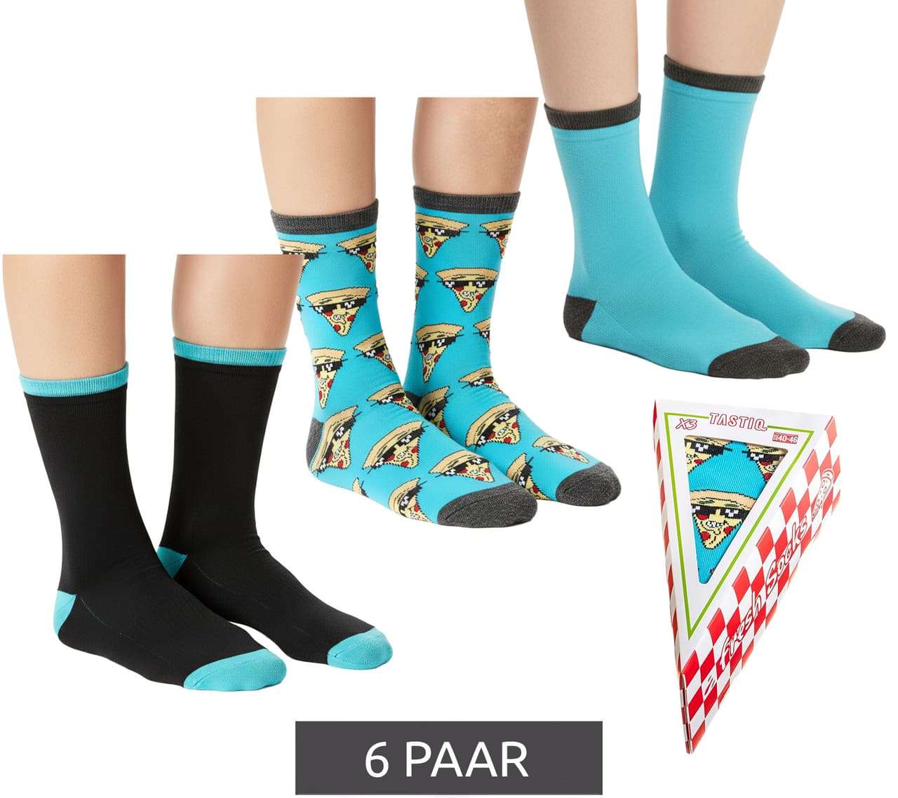 Tastiq 6 pares de calcetines para mujer, calcetines para niños, calcetines de algodón con estampado de pizza, calcetines largos en una elegante caja de regalo con forma de pizza, calcetines frescos Azul/Negro/Amarillo
