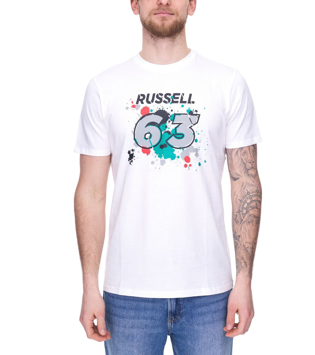 Mercedes-Benz AMG Petronas F1 MAPF1 FW George #63 Camisa de algodón para hombre con estampado de George Russell y cuello redondo blanco