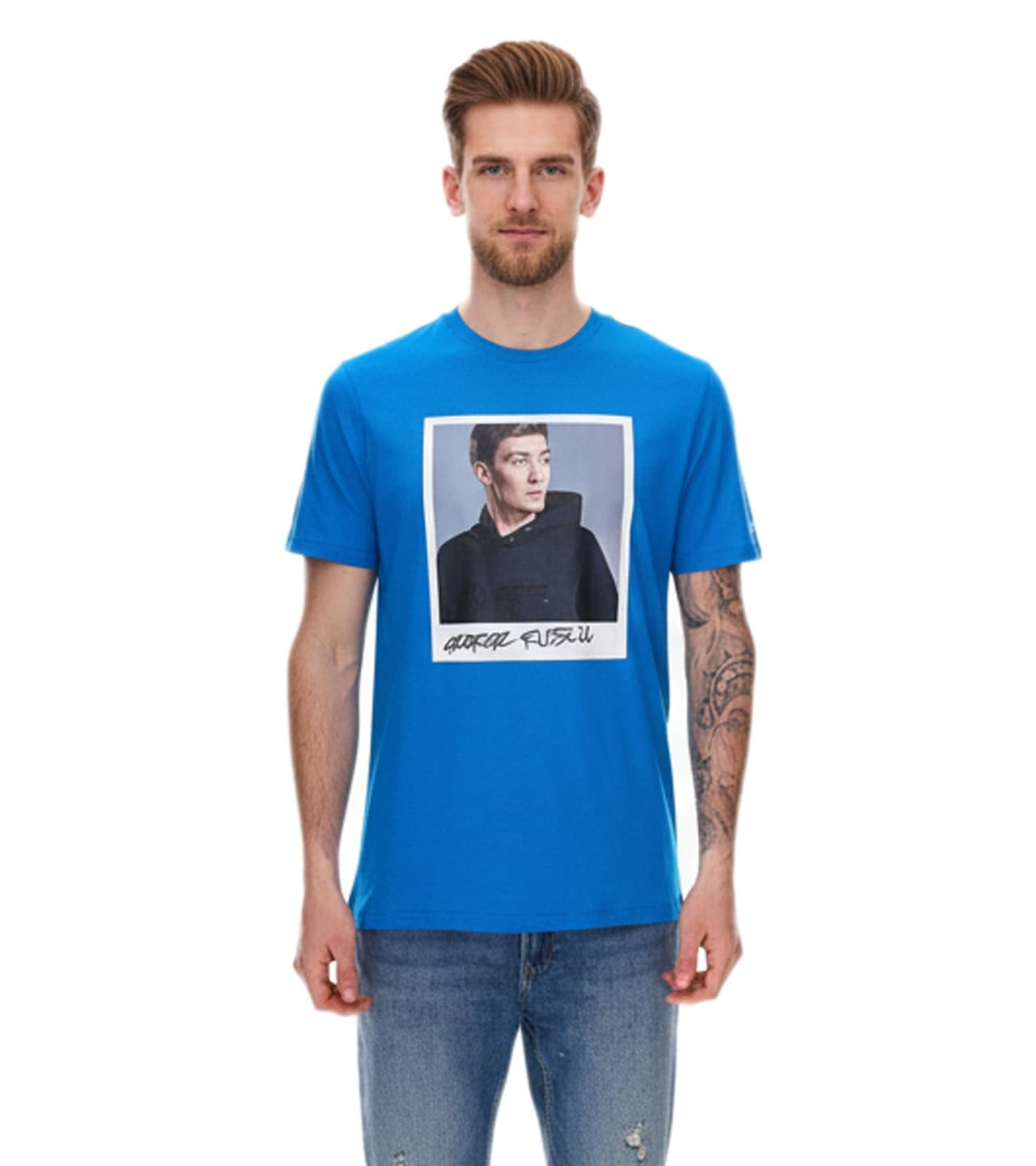 Mercedes-Benz AMG Petronas F1 MAPF1 Portrait Camisa de algodón para hombre con estampado de George Russell y cuello redondo azul