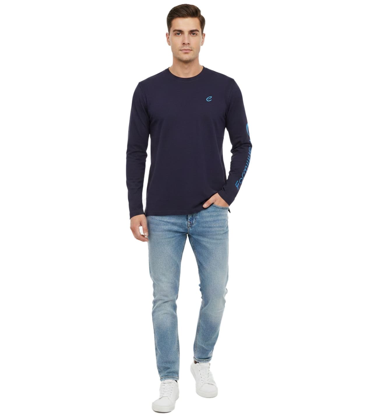 Formula E Camiseta deportiva de manga larga de algodón para hombre con logo y letras manga larga Azul Marino