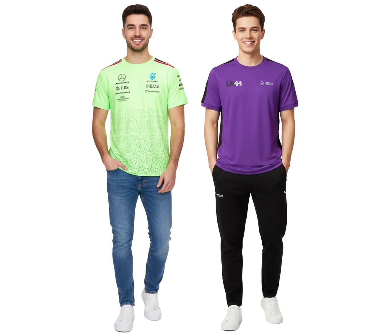 Mercedes-Benz Camiseta de manga corta para hombre AMG Petronas F1 con logotipos de patrocinadores o estampado de George Russell en verde neón o morado.