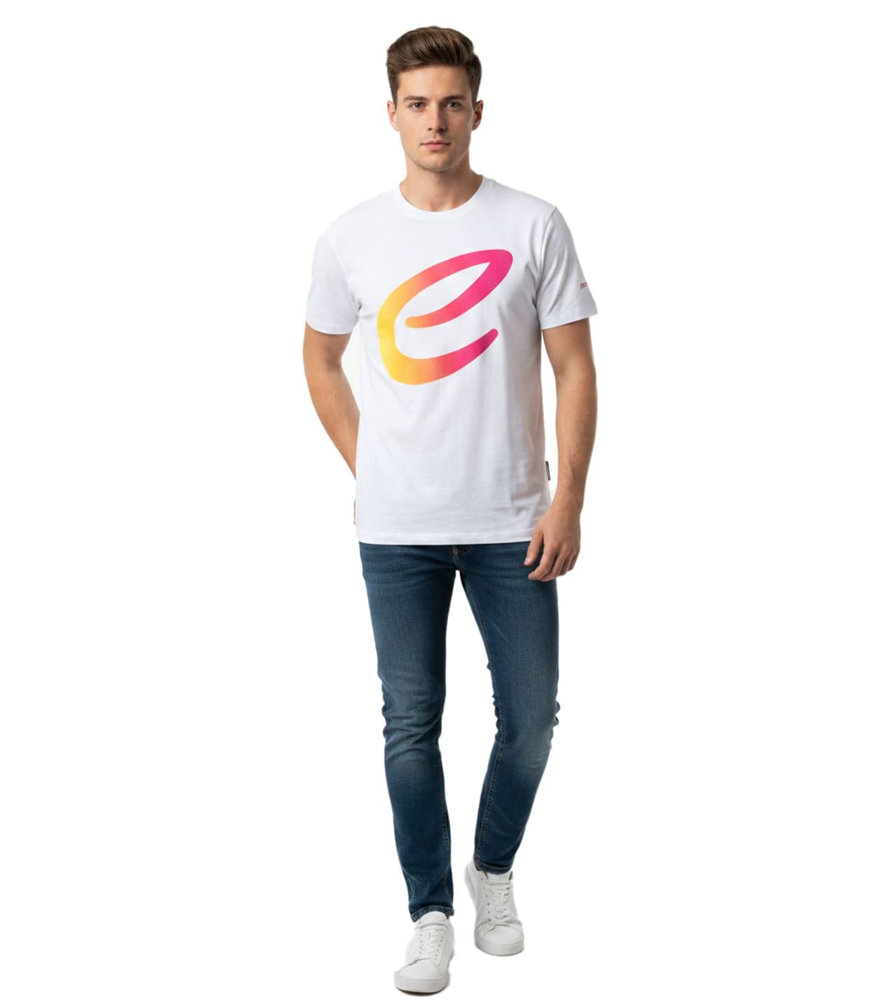Formula E Camiseta para hombre, de algodón con el logo de a todo color, ideal para el verano. Blanco/Rosa/Amarillo