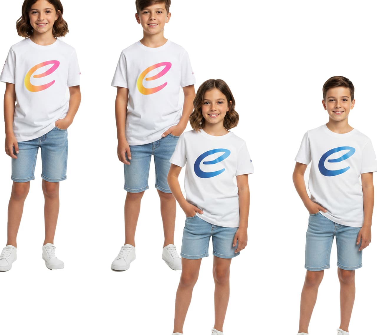 Formula E Camiseta infantil de manga corta de algodón sostenible, con logo (701223593). Disponible en blanco/azul o blanco/rosa/amarillo.