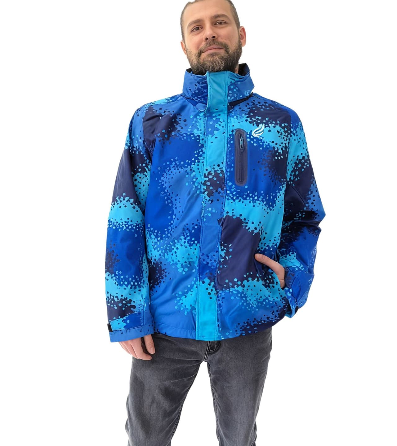 Formula E Chaqueta impermeable Camo para hombre con capucha plegable, chaqueta sostenible para deportes de motor, chaqueta de primavera Azul