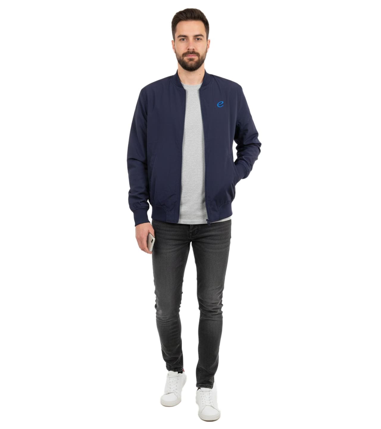 Formula E Chaqueta bomber para hombre con logo degradado, chaqueta sostenible de automovilismo, chaqueta de primavera Azul