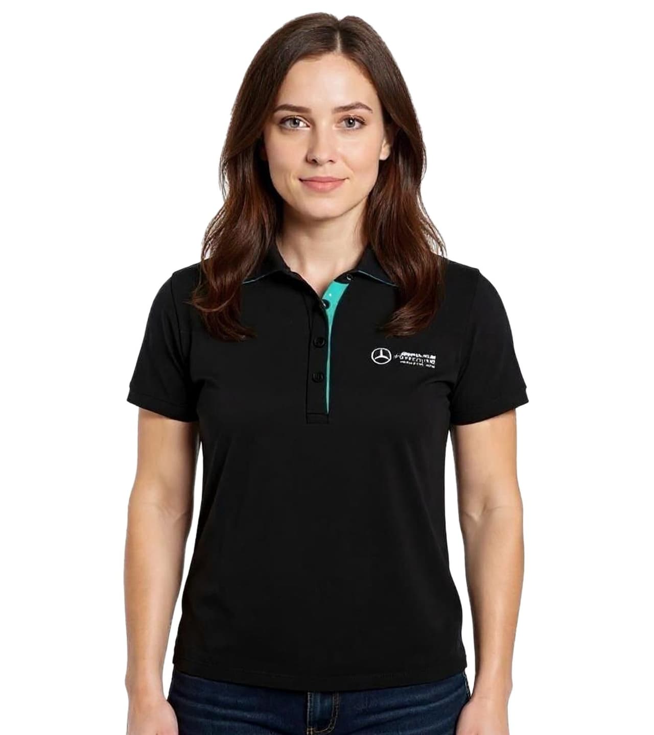 Mercedes-Benz Polo AMG Petronas F1 MAPF1 para mujer, de algodón, con logotipos del equipo y detalles de color, manga corta, Negro