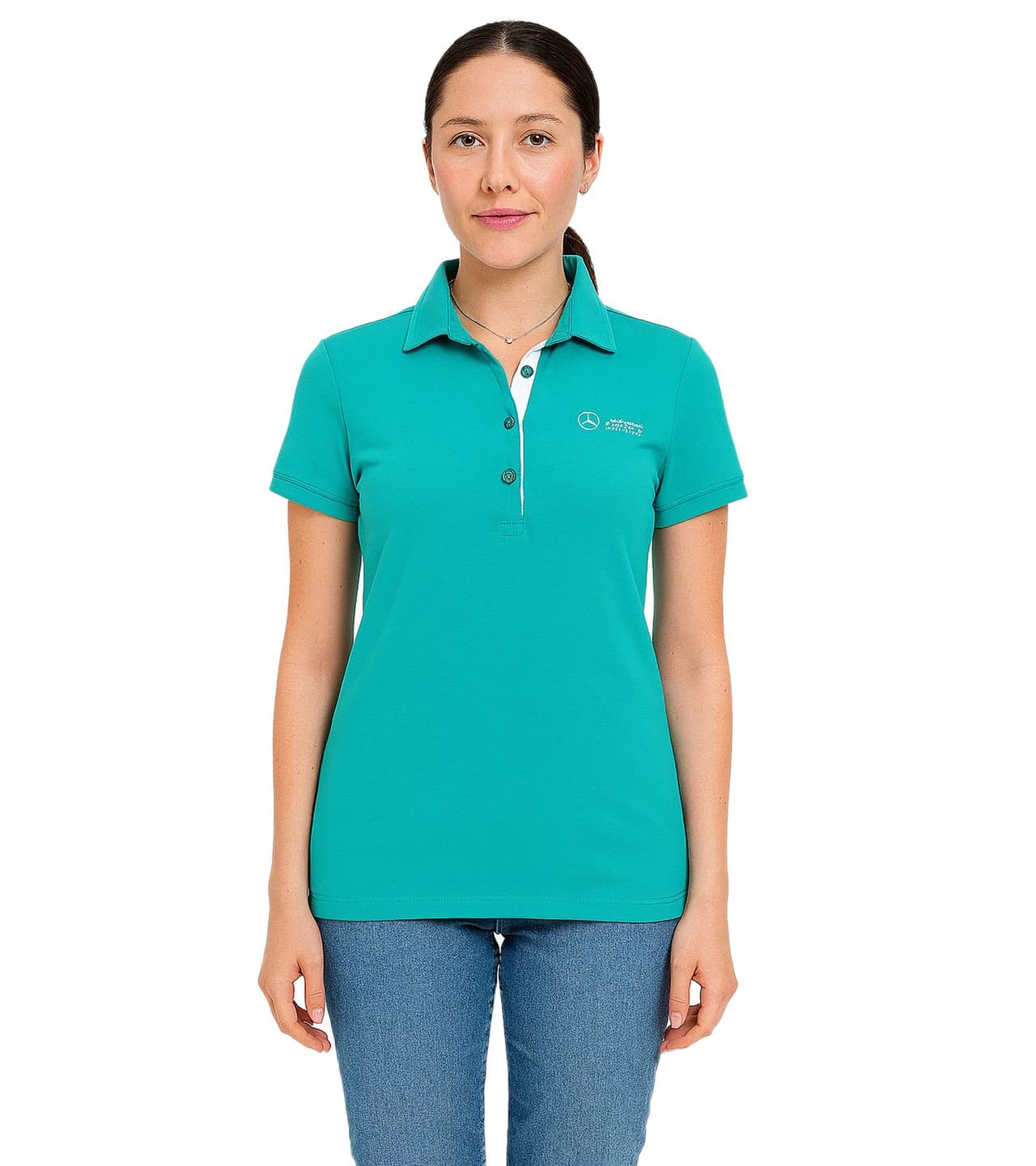 Mercedes-Benz Polo de algodón para mujer AMG Petronas F1 MAPF1 con logotipos del equipo y detalles de color, manga corta, 002, turquesa-verde.