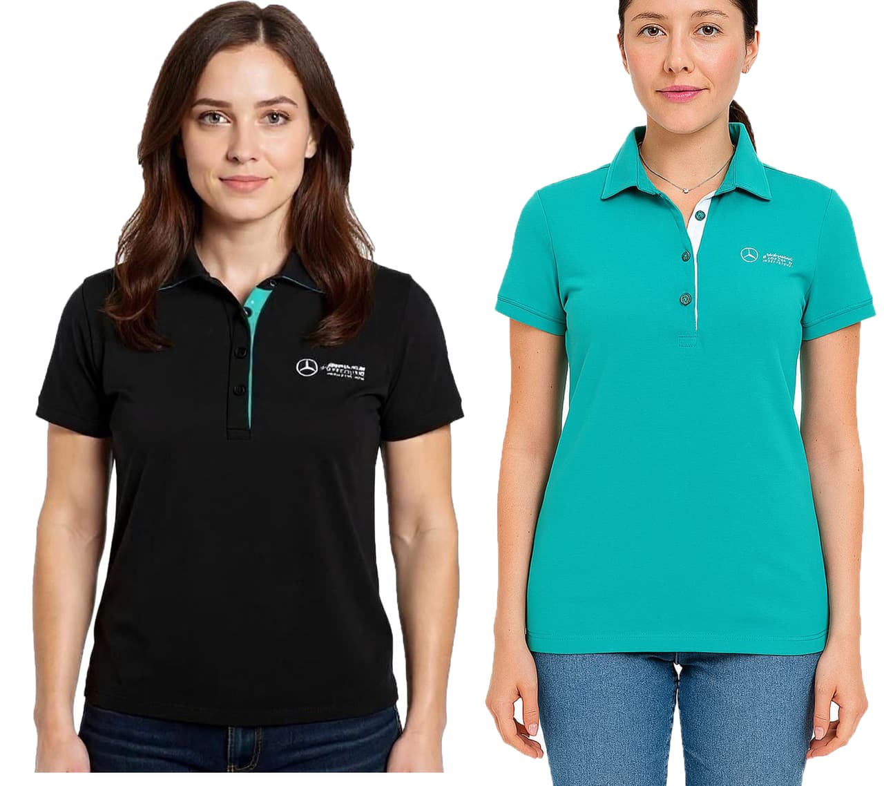 Mercedes-Benz Polo de algodón para mujer AMG Petronas F1 MAPF1 con logotipos del equipo y detalles de color, manga corta, 701227044, turquesa, verde o negro.