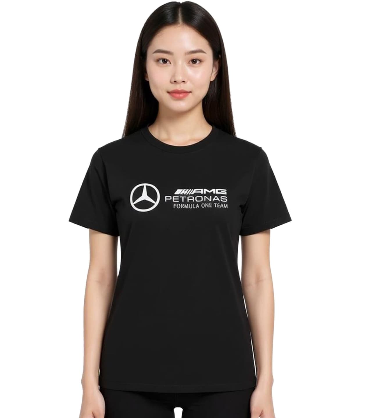 Mercedes-Benz Camiseta AMG Petronas F1 MAPF para mujer, de algodón con logotipo grande, manga corta, negra
