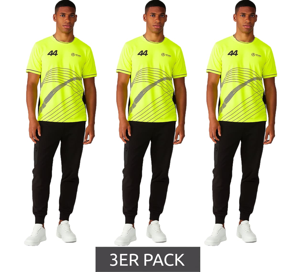 Mercedes-Benz Pack de 3 camisetas AMG Petronas F1 para hombre, Lewis Hamilton, manga corta, 001, amarillo neón