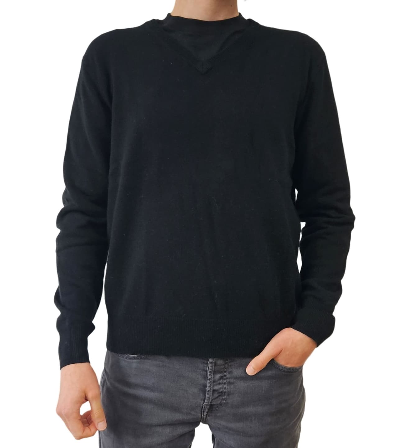 Zwillingsherz Jersey de hombre 100% cachemir con camisa de manga larga con cuello en V negro