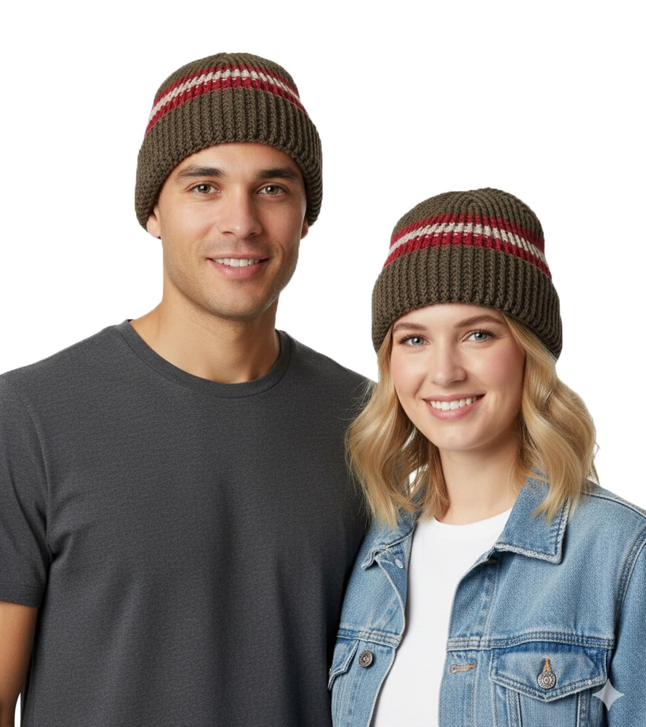 Bio-Domes Headgear Elegante gorro de invierno de ganchillo, suave gorro de punto con rayas, gorro de algodón verde oliva/rojo/blanco