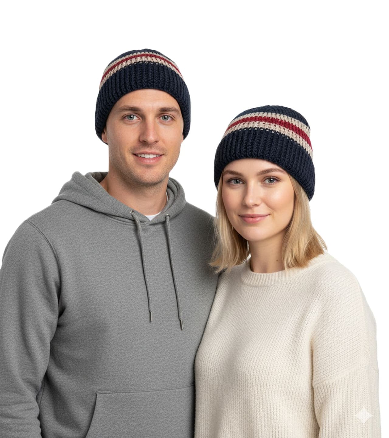 Bio-Domes Headgear Elegante gorro de invierno de ganchillo, gorro de punto suave con rayas, gorro de algodón azul marino/blanco/rojo