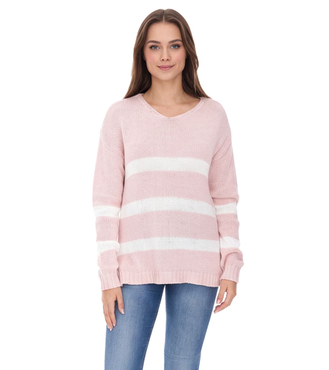Aniston Suéter de punto informal para mujer con contenido de algodón, suéter de uso diario, camisa de manga larga rosa/blanco