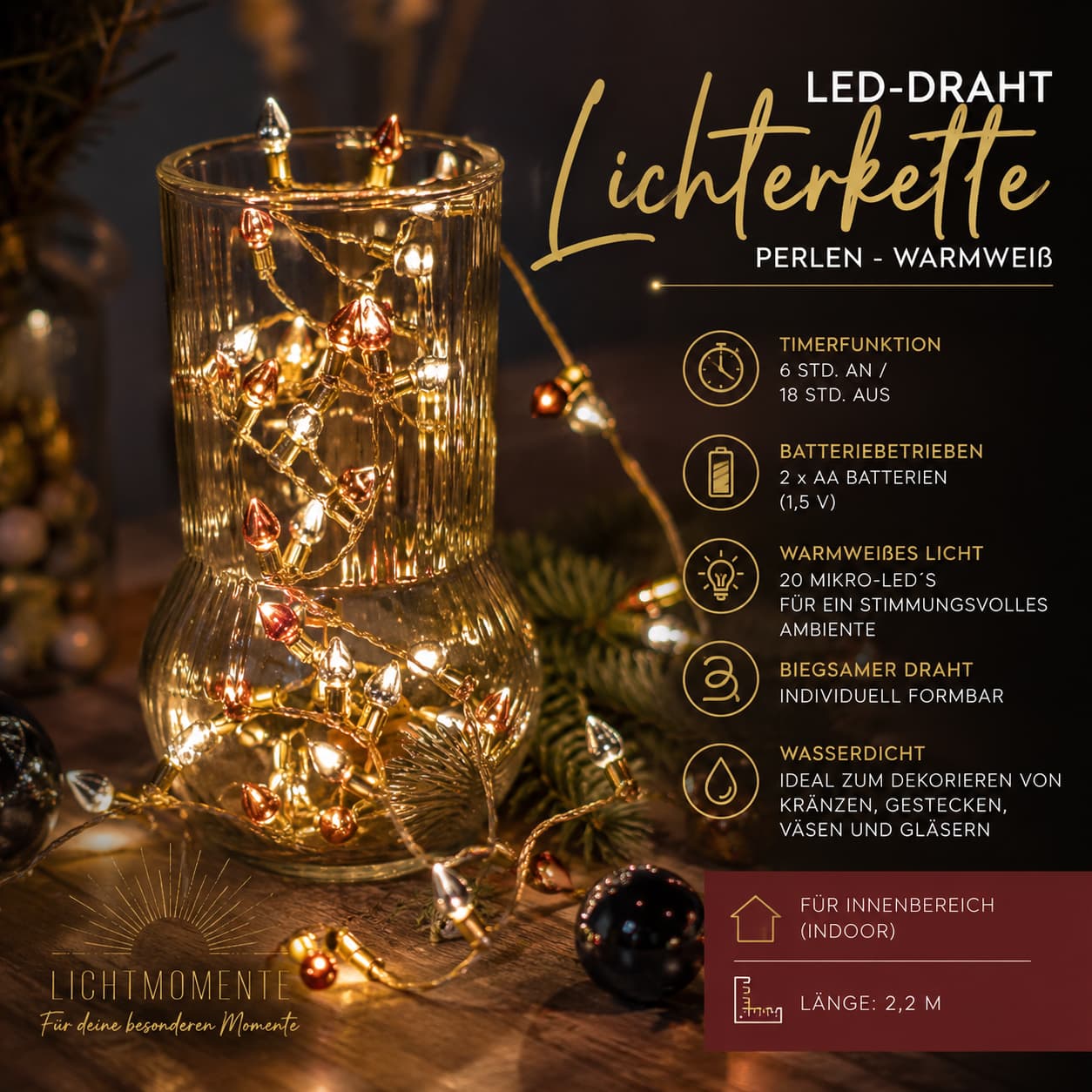 Lichtmomente Guirnalda de luces Sparkling Light Moments con temporizador, 2,2 metros, 20 bombillas micro LED blanco cálido, cable LED, Dorado