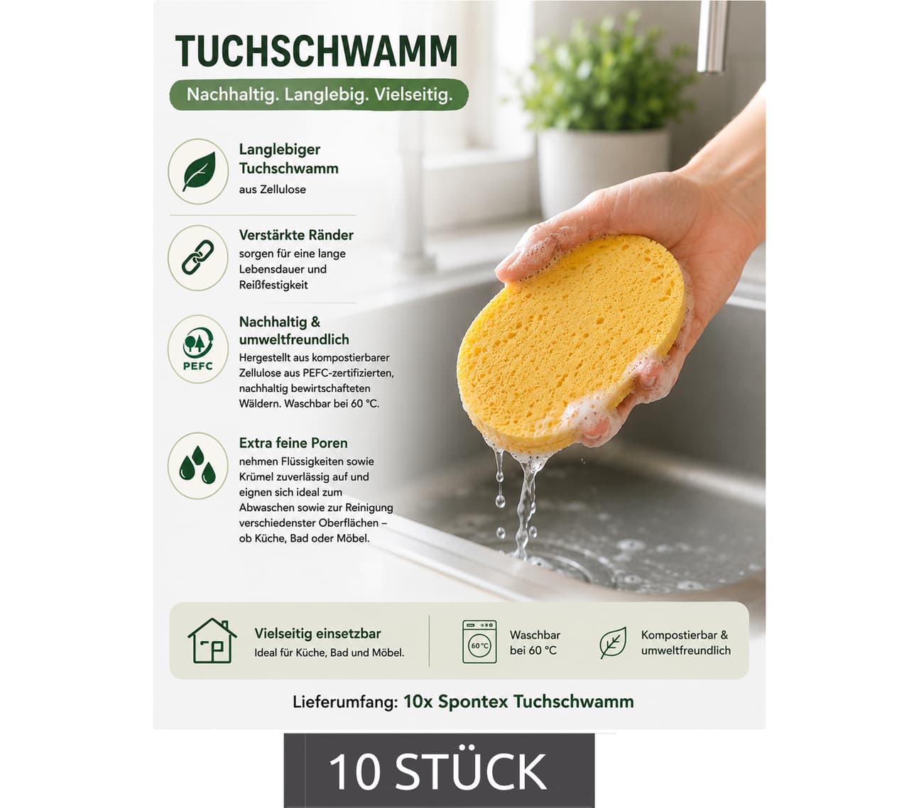 Spontex Paquete de 10 Esponjas de Paño con Alta Absorción de Suciedad para la Limpieza de Diversas Superficies (Esponja de Limpieza Amarilla)