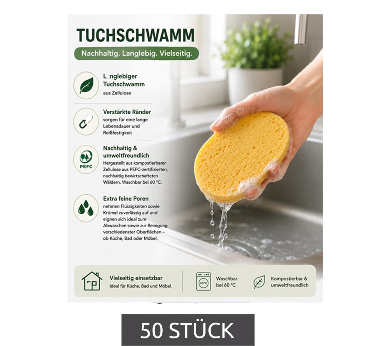 Spontex Paquete de 50 paños-esponja con alta capacidad de absorción de suciedad para la limpieza de una amplia variedad de superficies Esponja de limpieza Amarilla