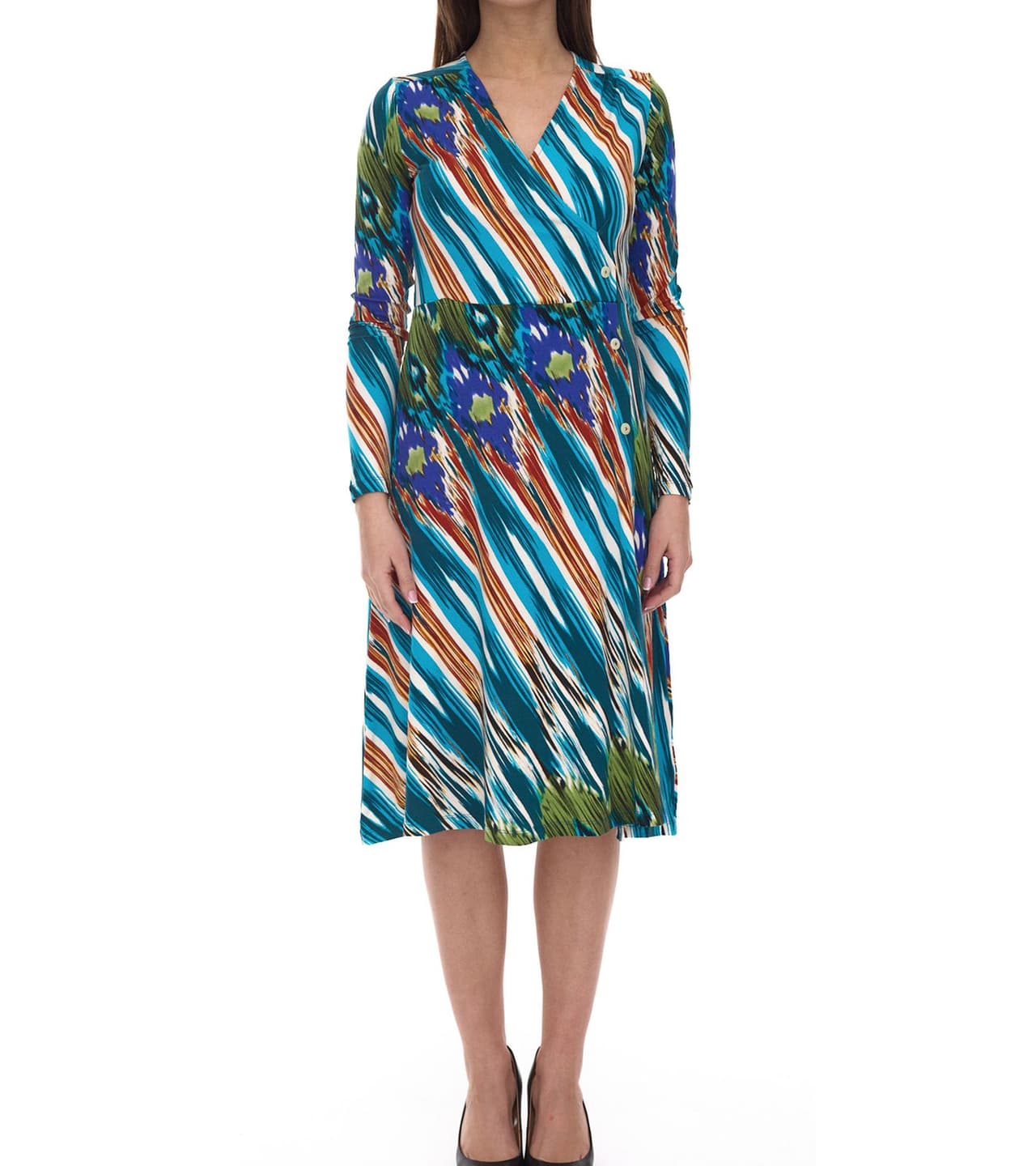 Aniston CASUAL vestido midi de mujer vestido cruzado con estampado colorido manga larga azul/multicolor