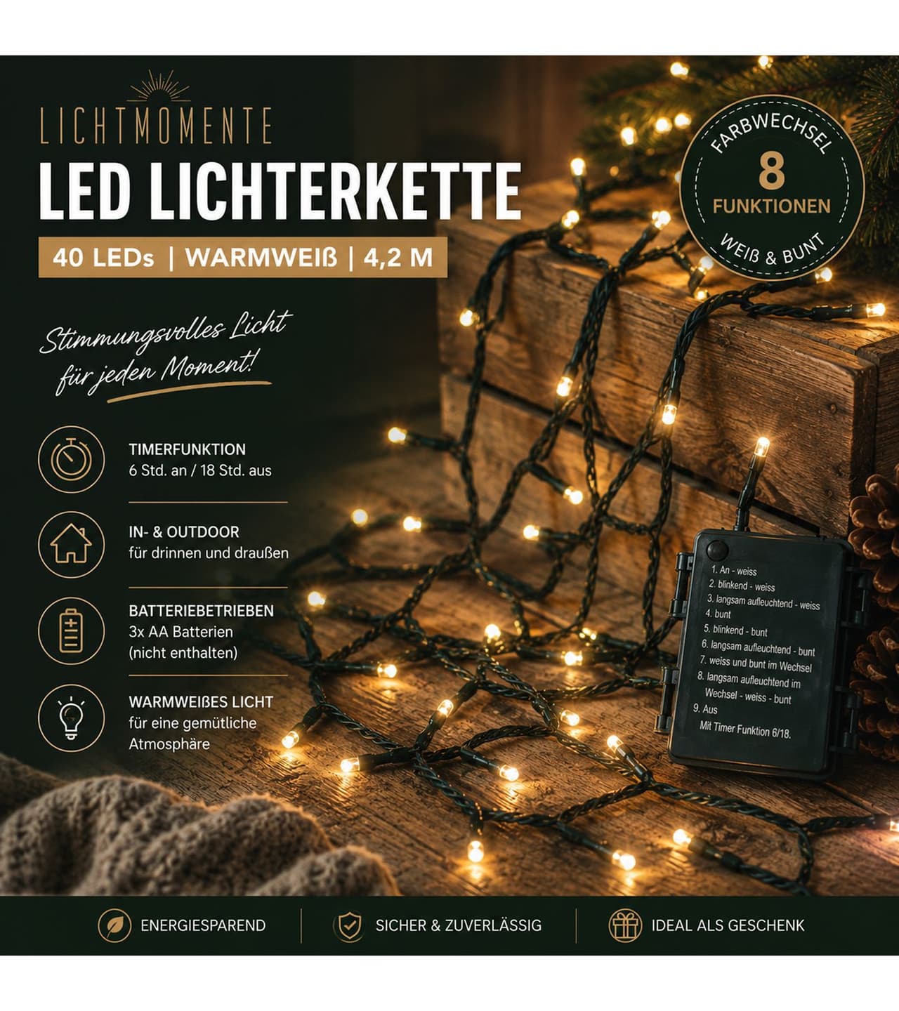 Lichtmomente Guirnalda de luces LED Atmospheric LIGHT MOMENTS con función de temporizador, 4,2 metros, 40 LED con bombillas micro LED de cambio de color (7667605, color negro)