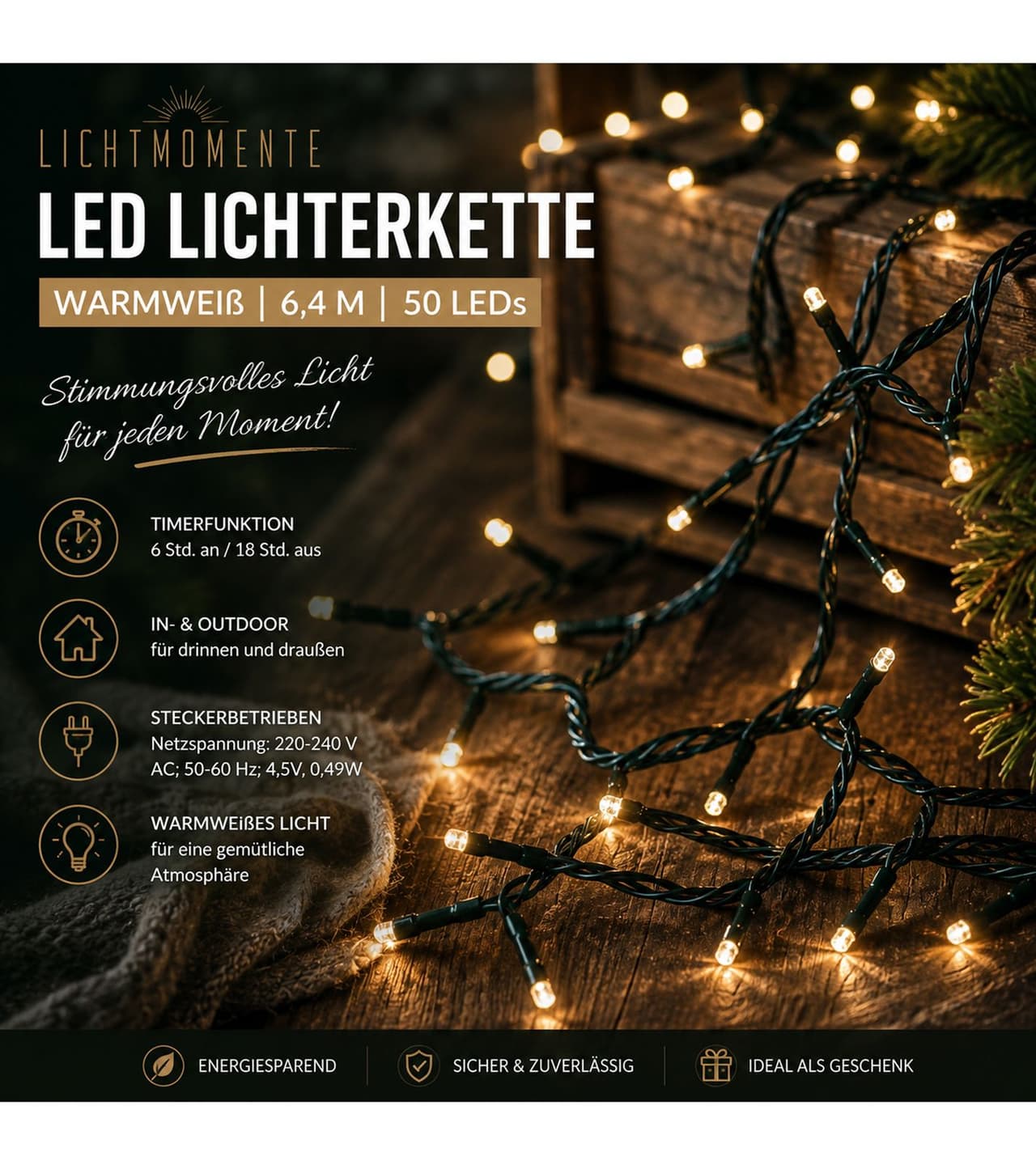 Lichtmomente Guirnalda de luces LED Atmospheric LIGHT MOMENTS con función de temporizador, 6,4 metros, 50 bombillas micro-LED blanco cálido, 7668209, verde oscuro