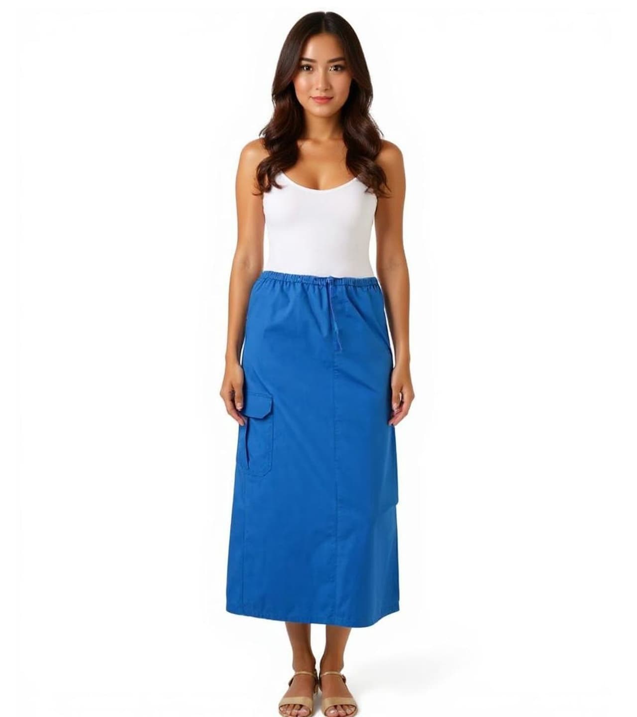 Aniston Falda cargo informal para mujer, falda de verano, falda midi de algodón con cintura elástica, 77100947, azul