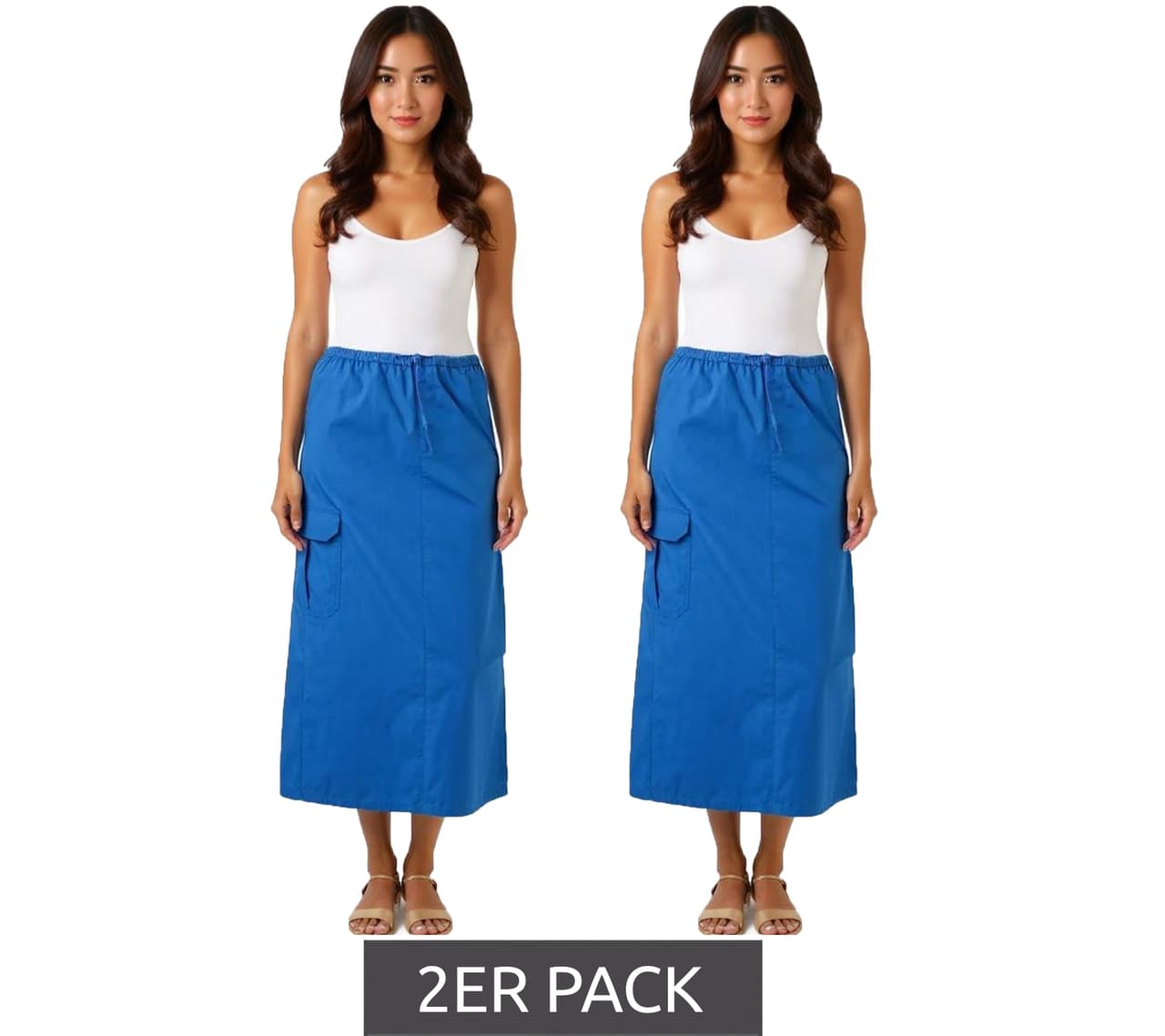 Aniston Falda cargo CASUAL para mujer, paquete de 2, de verano, de largo midi, de algodón con cinturilla elástica, azul