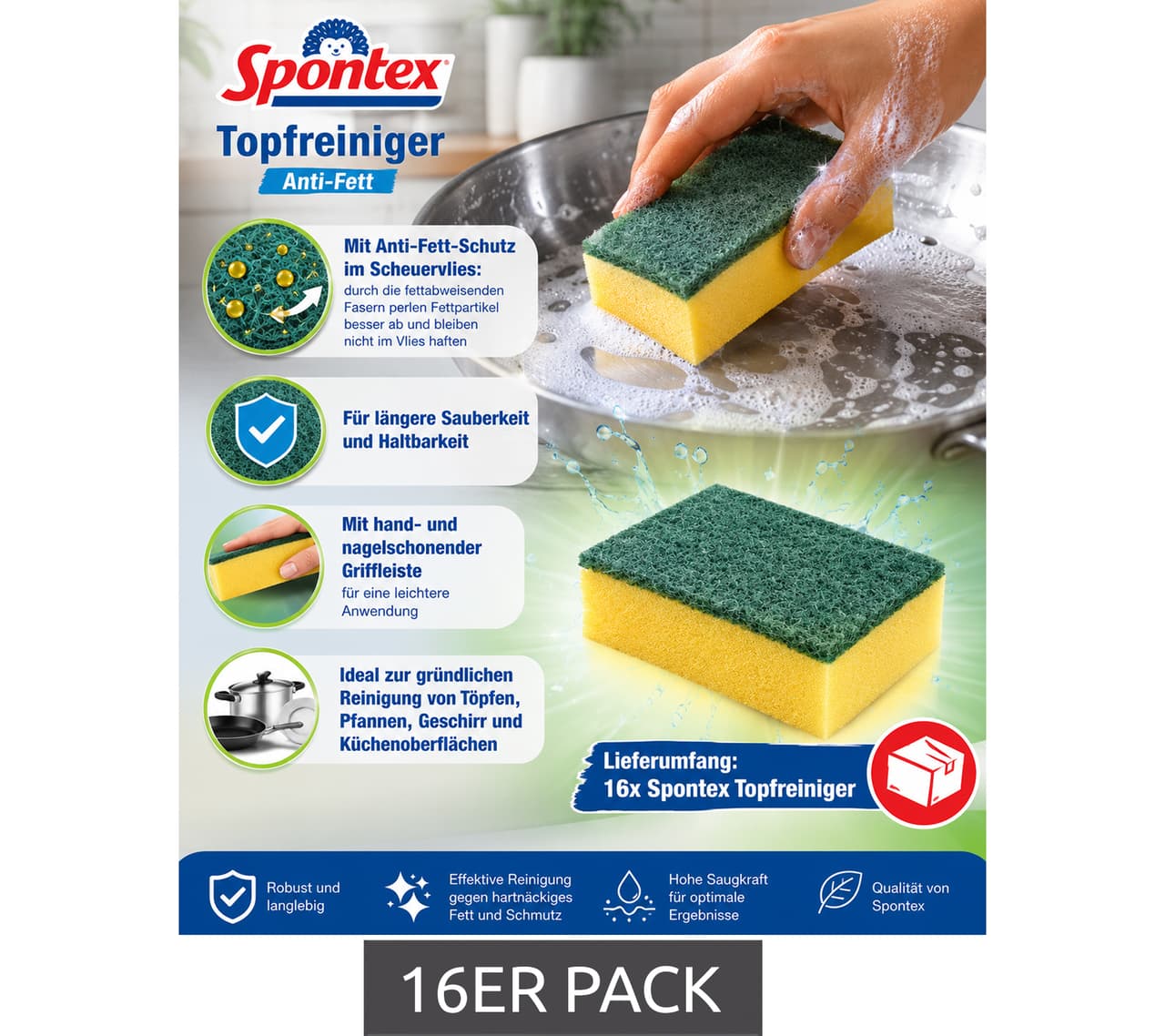 Spontex Paquete de 16 Estropajos con Protección Antigrasa para Lavaplatos (7724483, Amarillo/Verde)