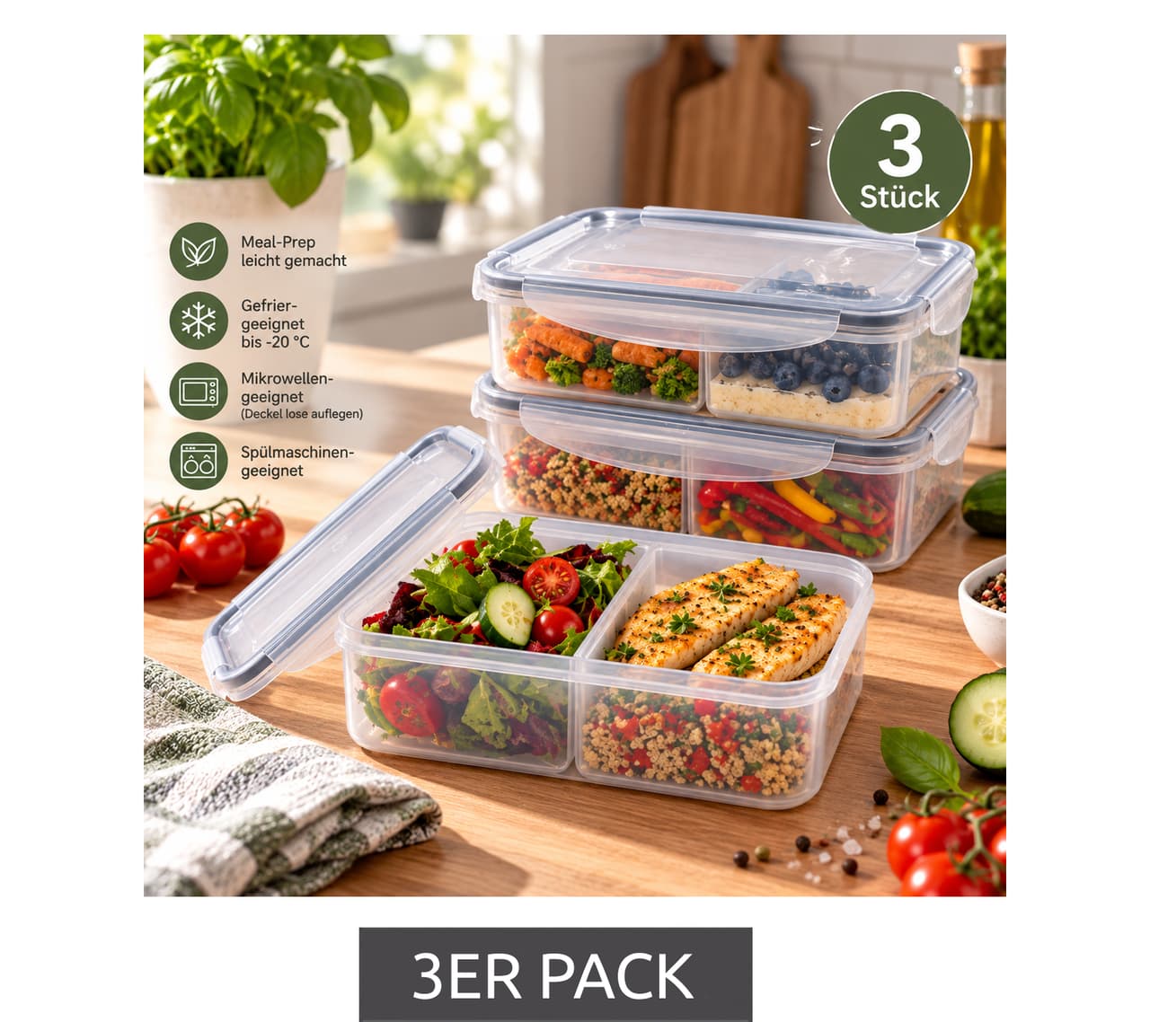 Hedura Paquete de 3 cajas de almacenamiento, capacidad de 1,2 litros, recipientes para alimentos con tapas a juego, 21 x 14 x 7 cm **Producto de segunda mano – Probado y en perfecto estado** Transparente