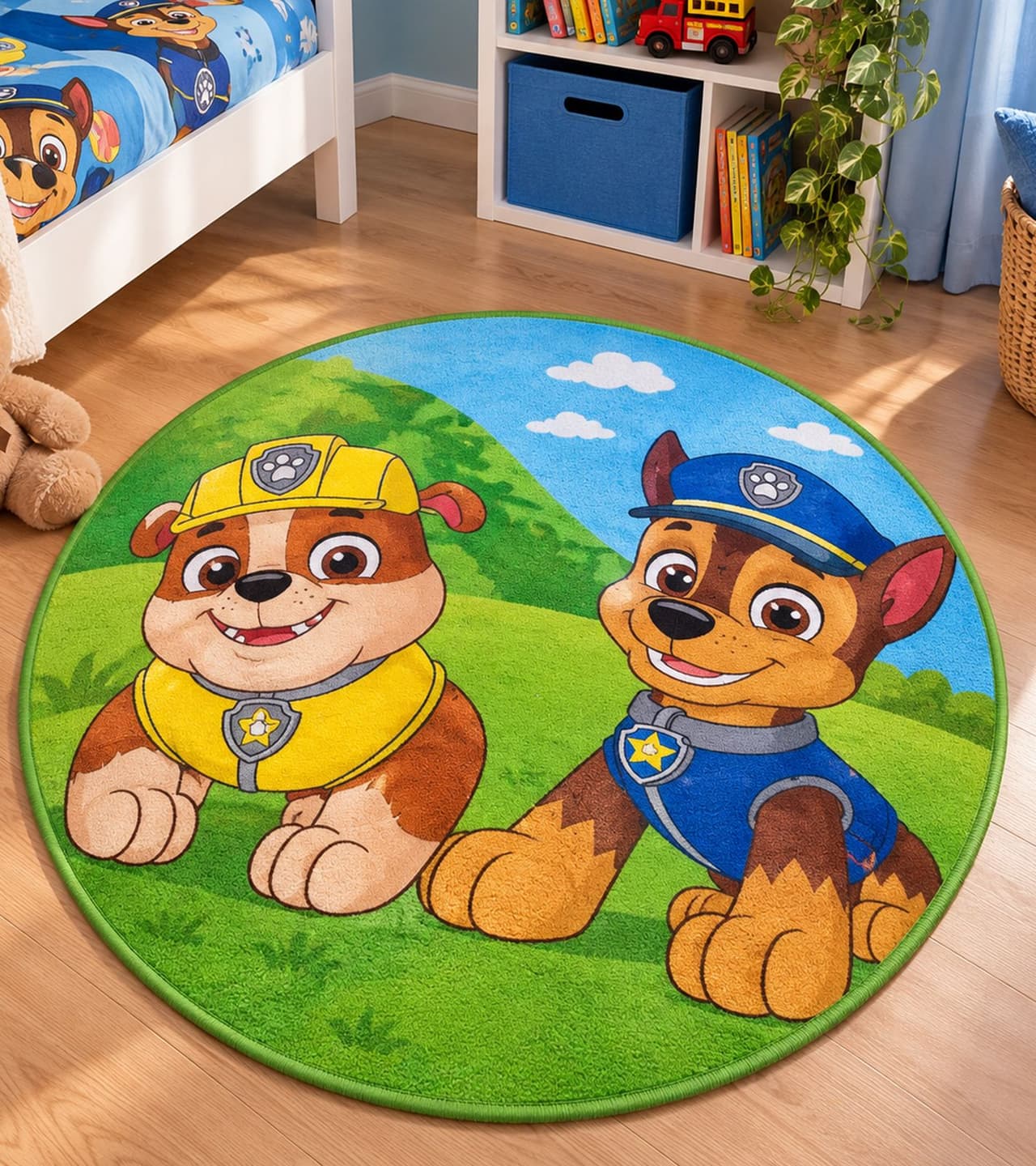nickelodeon Alfombra infantil lavable de PAW Patrol con los populares personajes Chase y Rubble. Alfombra para cuarto de bebé, aprox. 90 cm de diámetro, verde/azul/marrón.