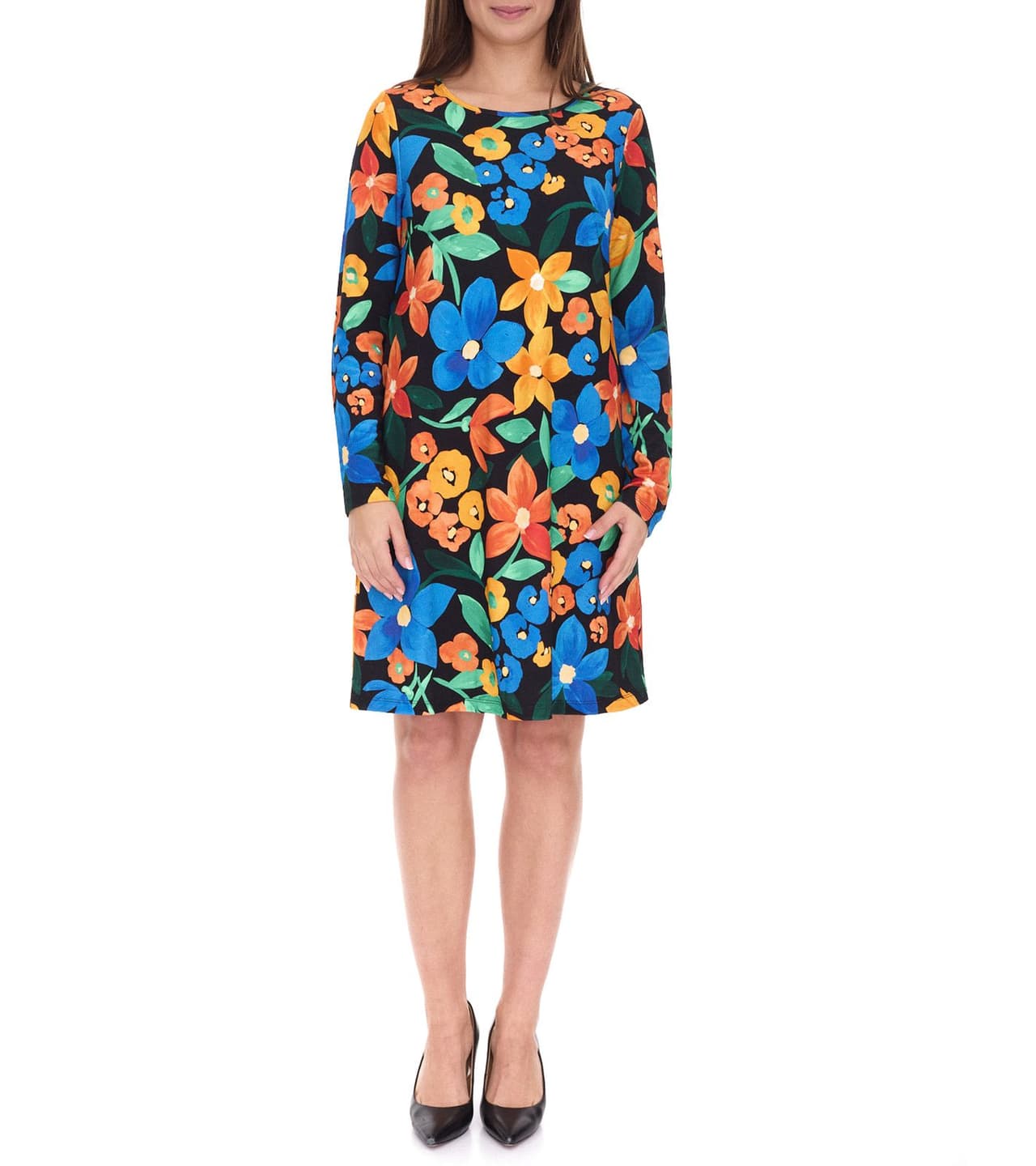 Aniston Vestido informal de verano para mujer con estampado floral, minivestido de manga larga, 81651920, negro, amarillo y azul