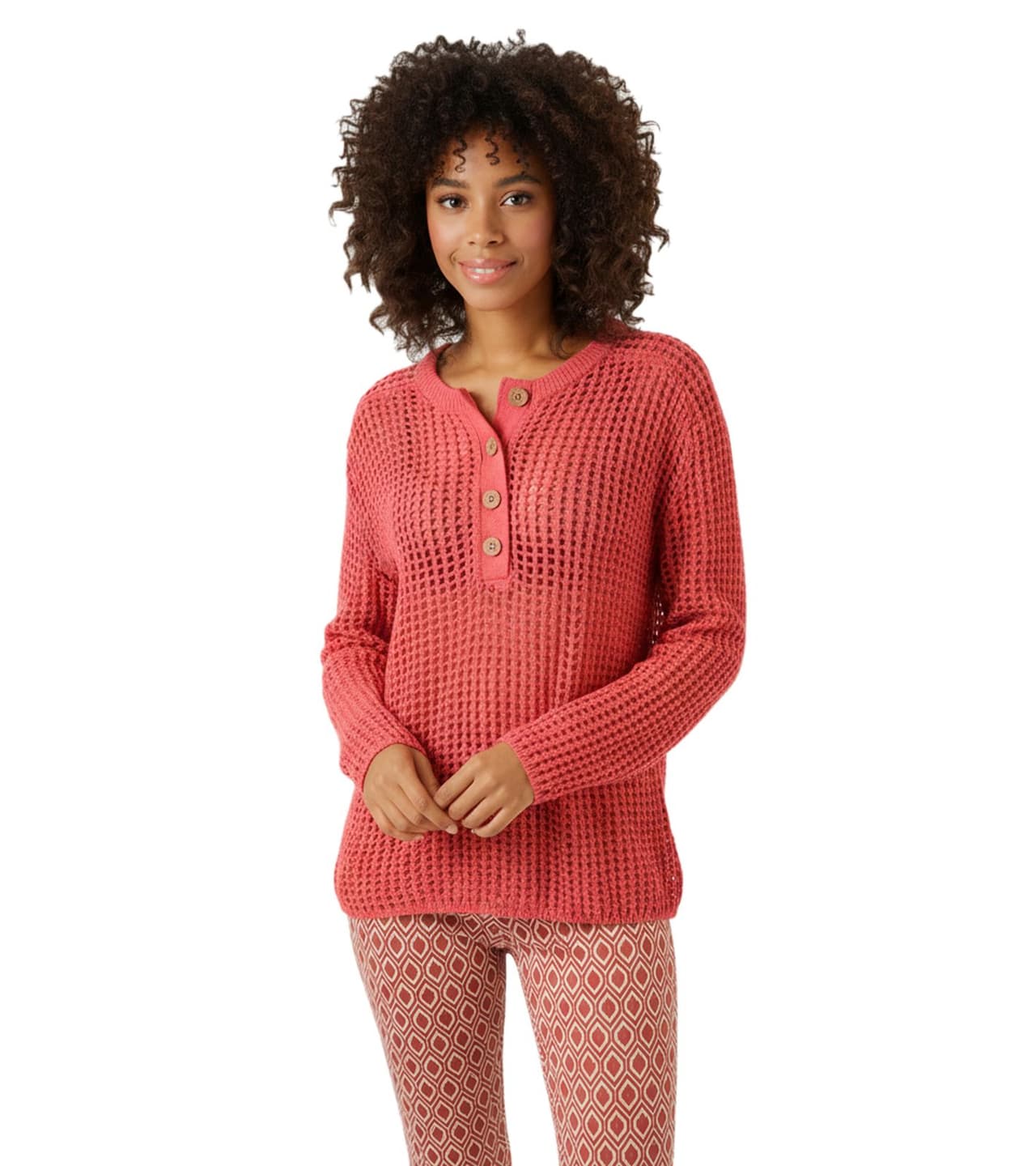 Aniston Suéter informal de punto grueso para mujer con tapeta de botones, camisa de manga larga 81819457, rojo