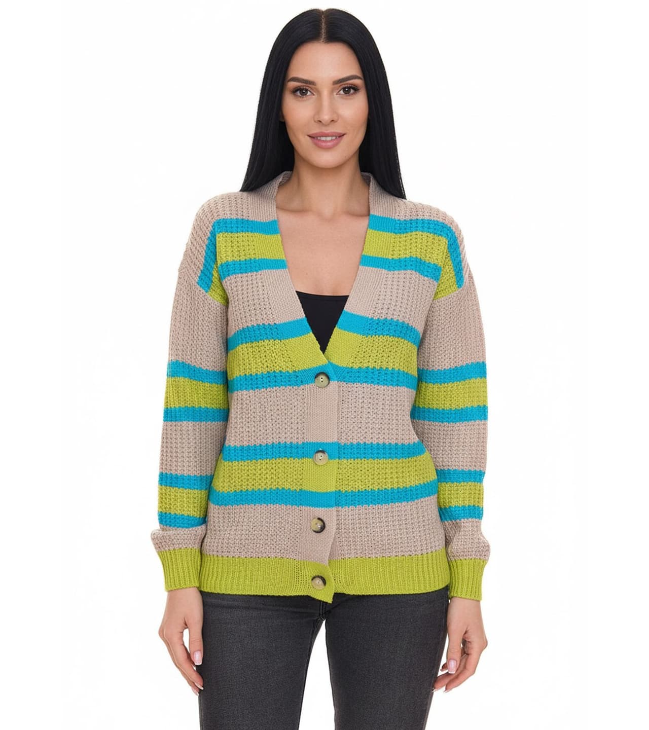 Aniston CASUAL Chaqueta de punto de mujer con cierre de botones beige/azul/verde