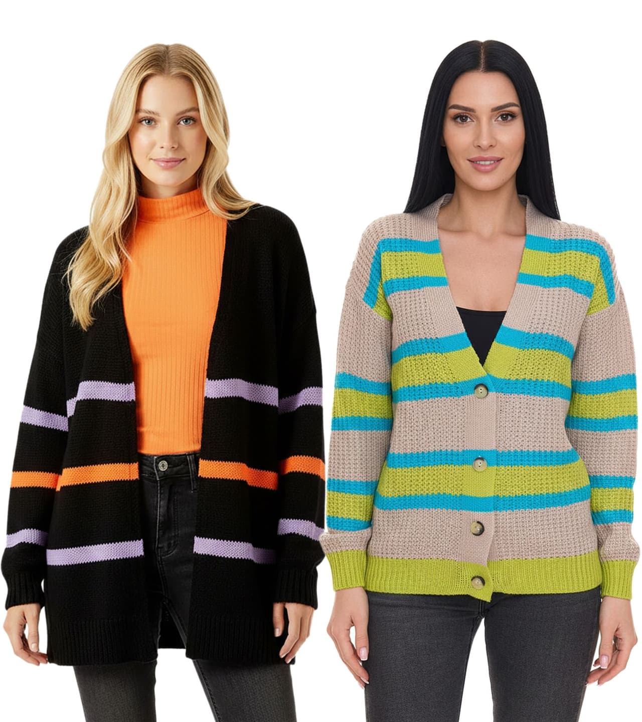 Aniston Cárdigan CASUAL para mujer: Cárdigan moderno con cierre de botones y rayas en contraste en beige/azul/verde o negro/naranja/morado