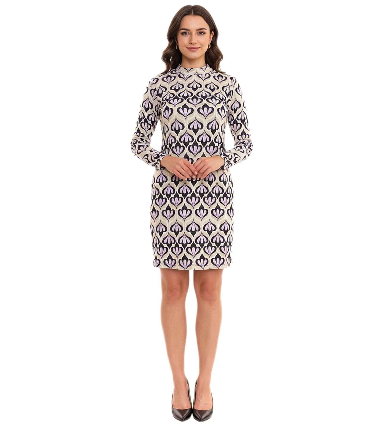 Aniston Vestido midi de mujer CASUAL con estampado integral, vestido de manga larga con abertura en la espalda Verde/Morado