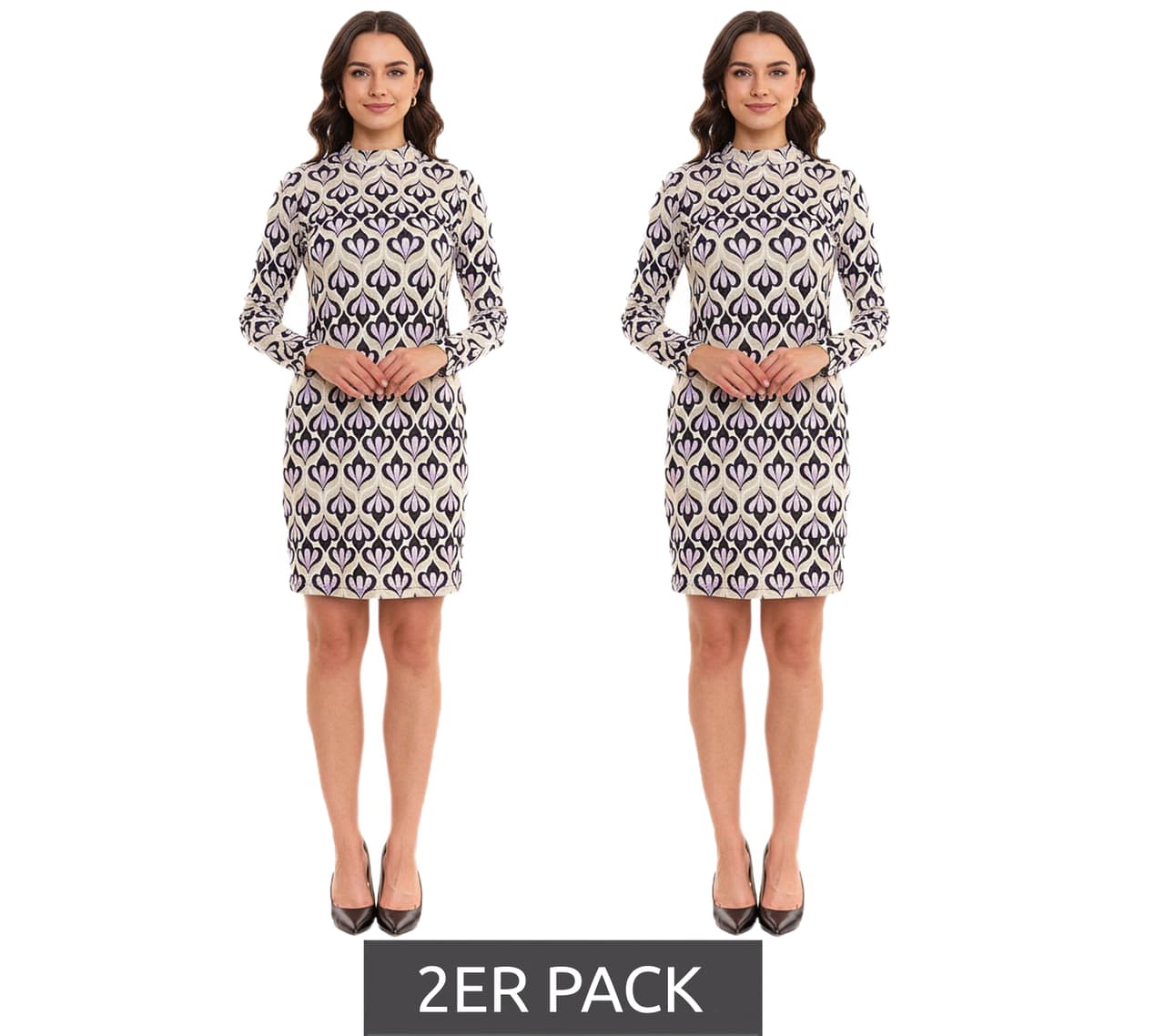 Aniston Vestido midi CASUAL para mujer, con estampado integral, manga larga y abertura en la espalda (paquete de 2) Verde/Violeta