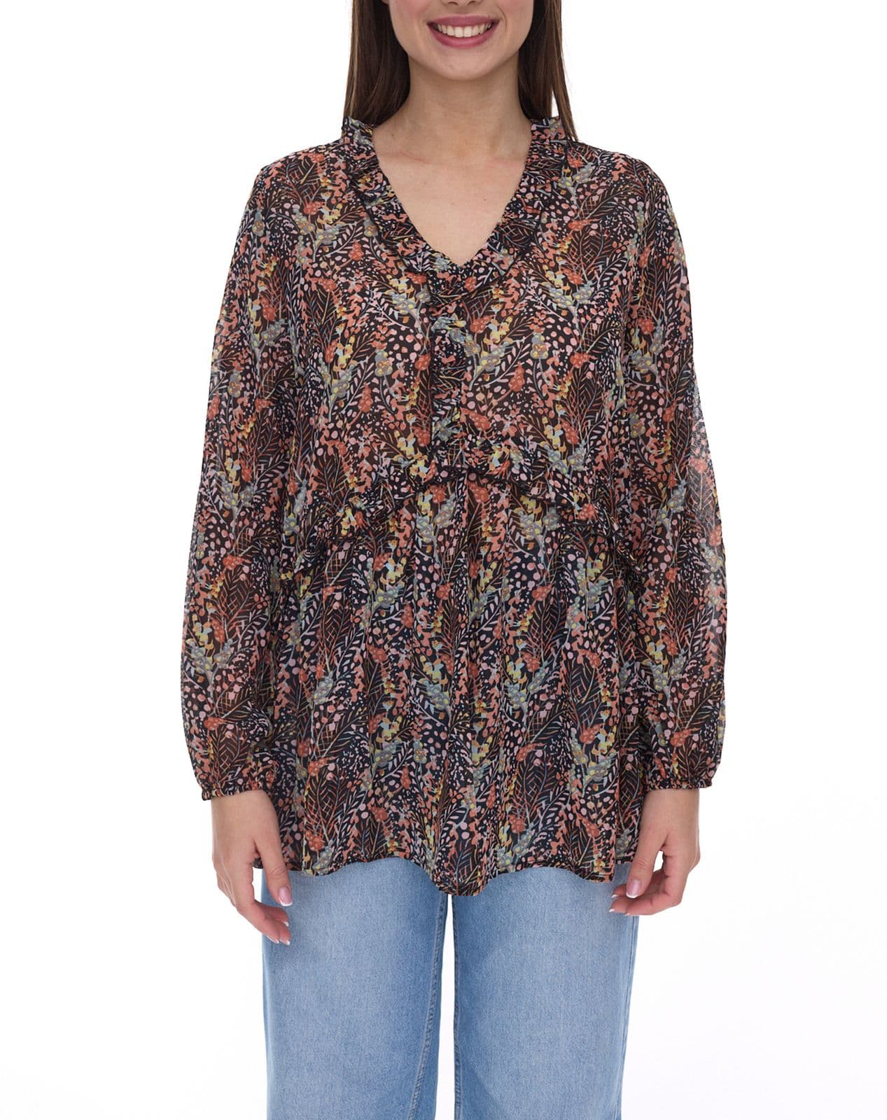 Aniston blusa de verano para mujer con detalles de volantes, camisa de manga larga con estampado integral, blusa de trabajo marrón/verde/negro