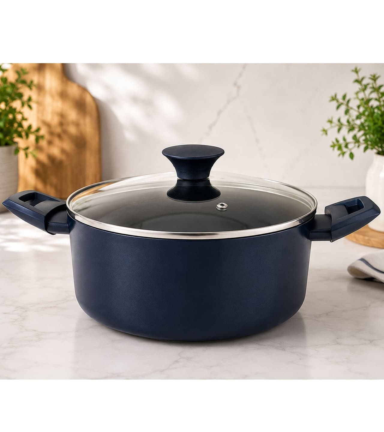 progress Cacerola de aluminio fundido a presión con tapa de vidrio, 24 cm, apta para utensilios de metal, azul oscuro