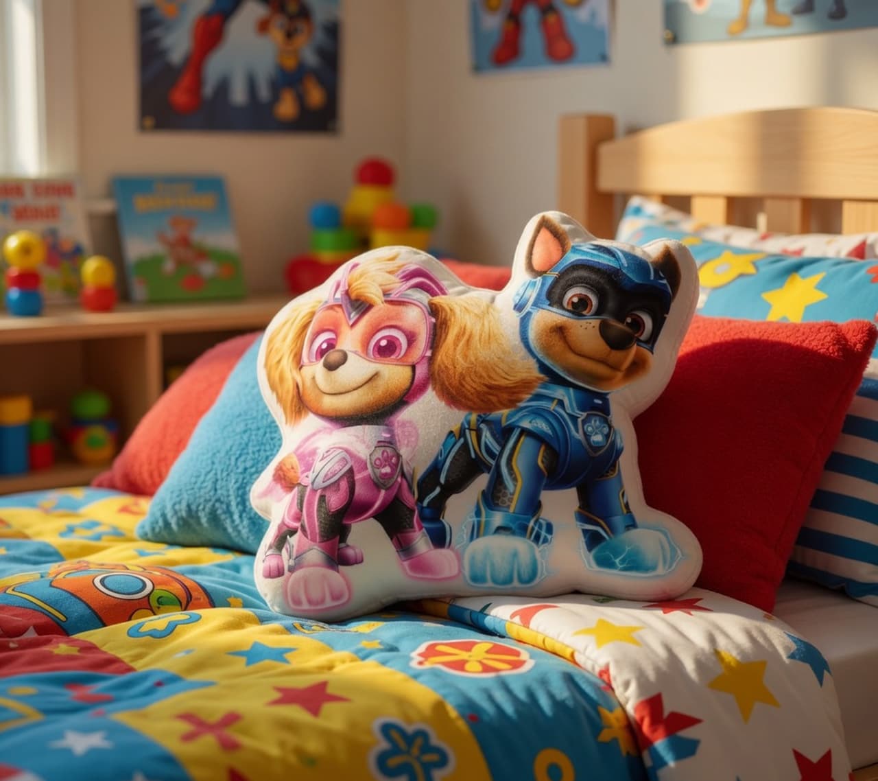 nickelodeon Almohada infantil de PAW PATROL Mighty Pups con forma de Skye y Chase, 30x24cm, Gris/Rosa/Azul