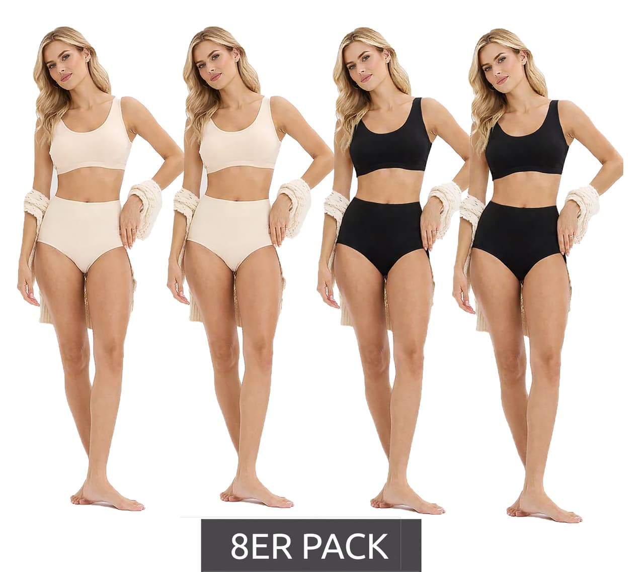 O46BPX (MB1) Pack de 8 braguitas cómodas de talle alto para mujer, confeccionadas en microfibra suave y sostenible (952192, negro/beige)