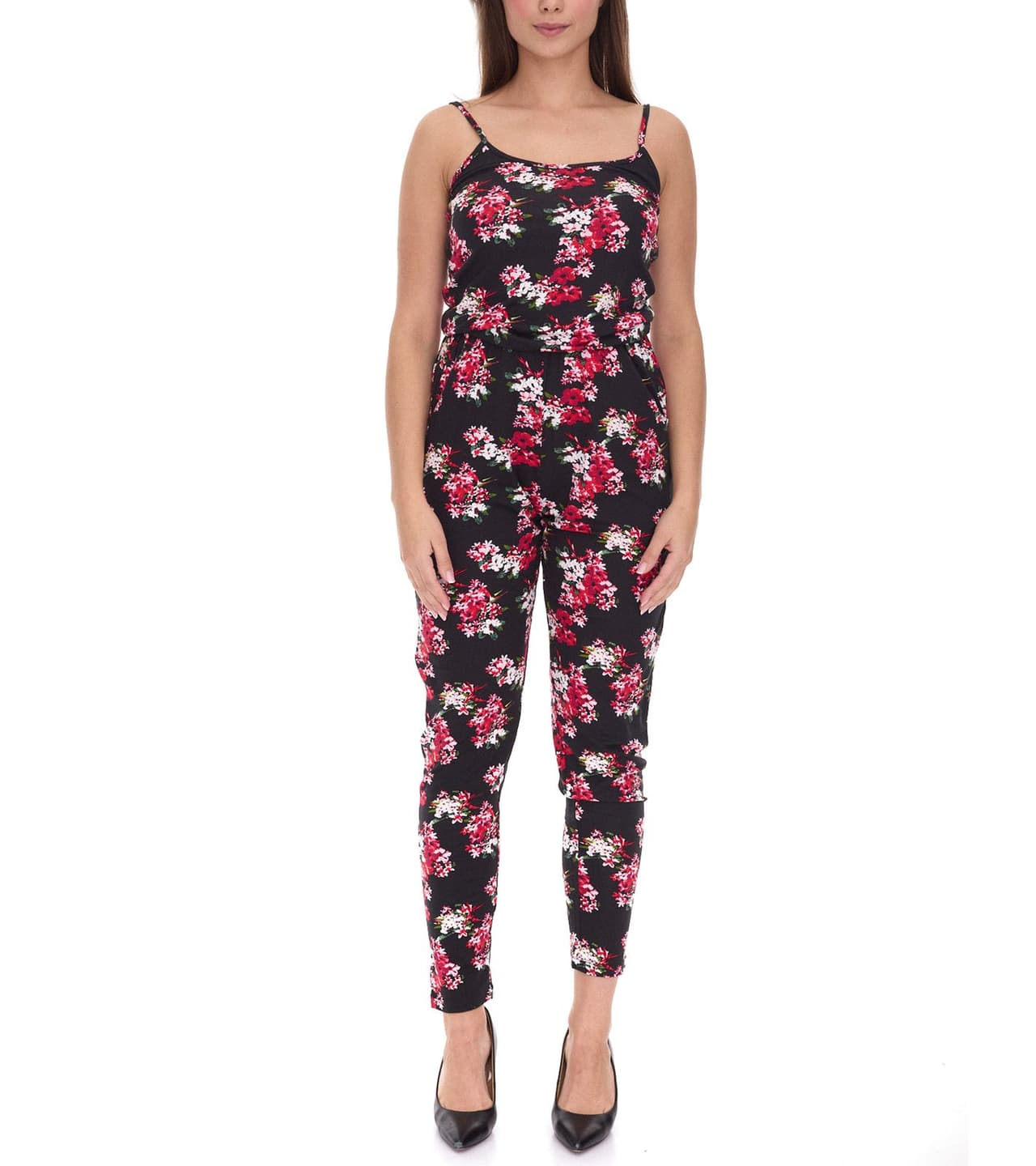 vestino Mono para mujer con estampado floral, mono de verano de una pieza, manga larga, tirantes ajustables, negro