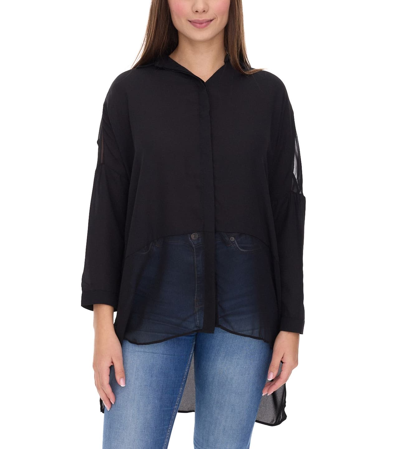 vestino Blusa estilo boyfriend para mujer con paneles transparentes de blusa de verano negra