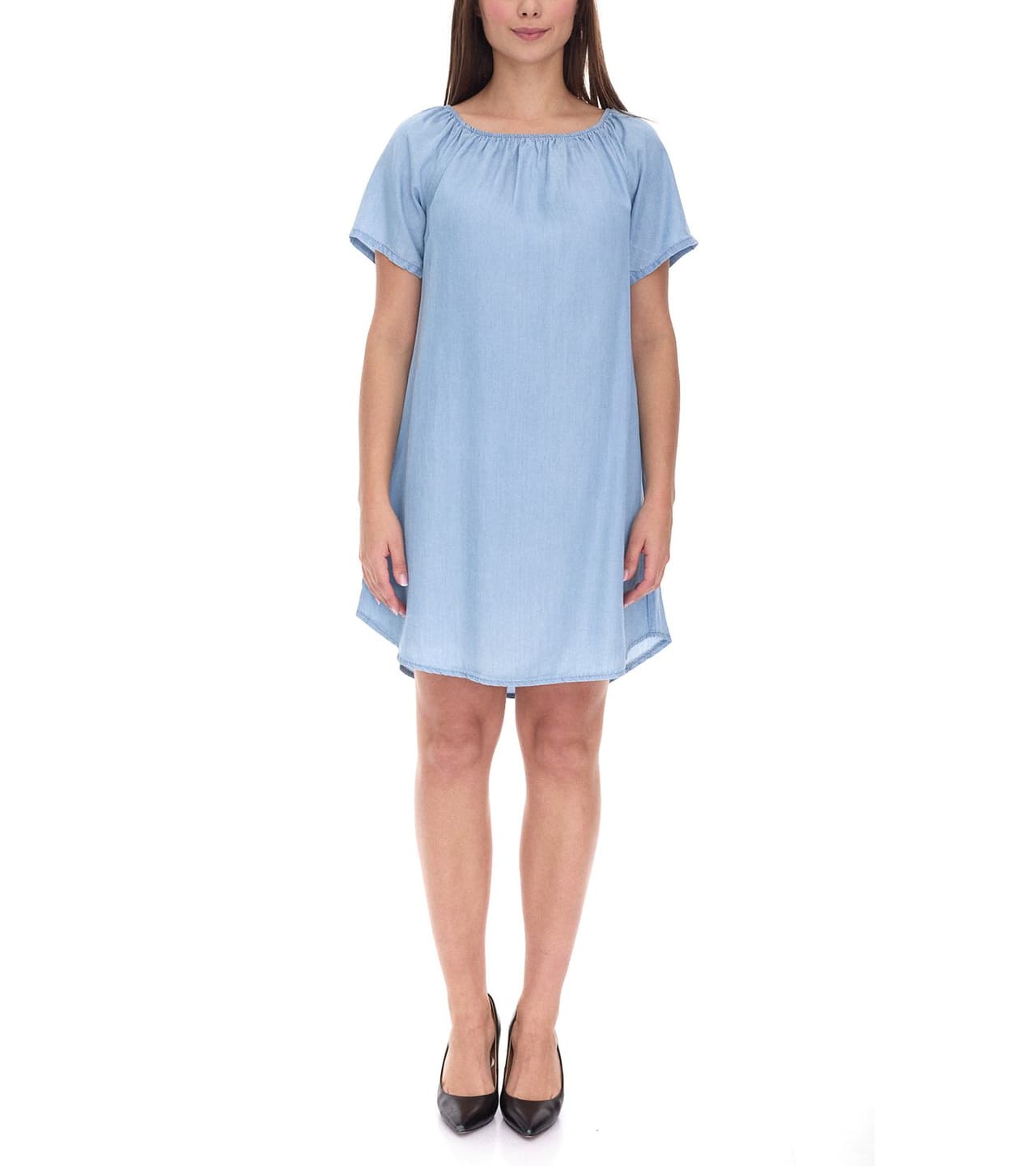 vestino Vestido túnica de mujer suelto, con caída, minivestido, manga corta, azul claro
