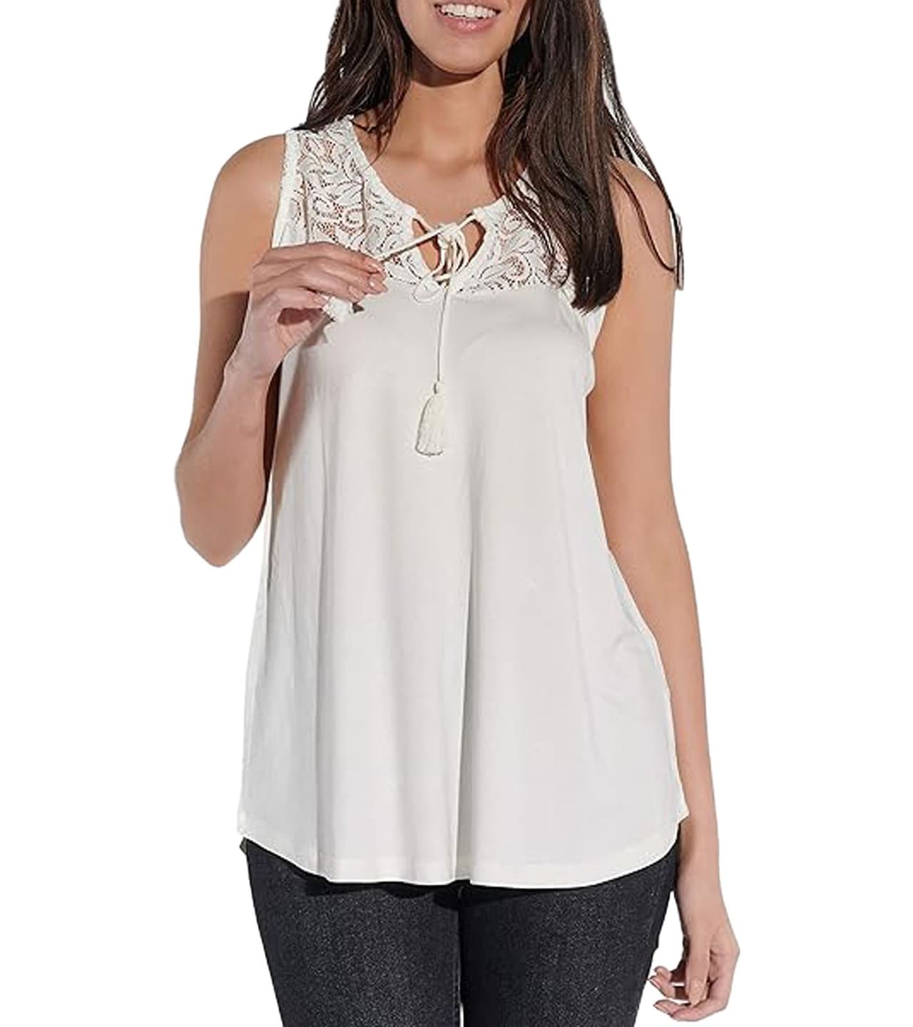 vestino Top de verano para mujer con aplicación de encaje, camisa informal de estilo bohemio blanco crema
